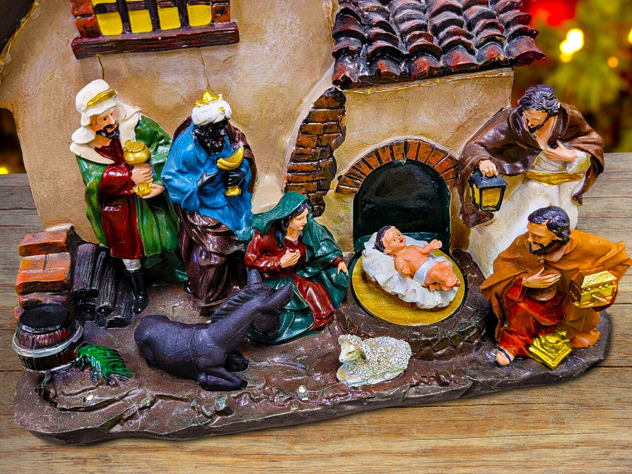 Christmas Village with LED Lights. Holy Family Scene