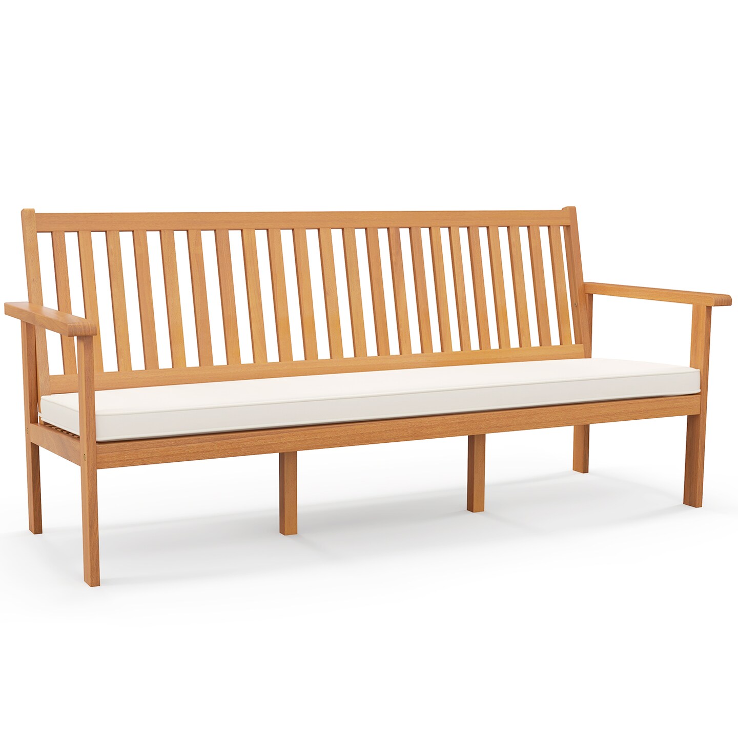 Outdoor 3-Seat Wood Bench with Seat Cushion and Slatted Seat
