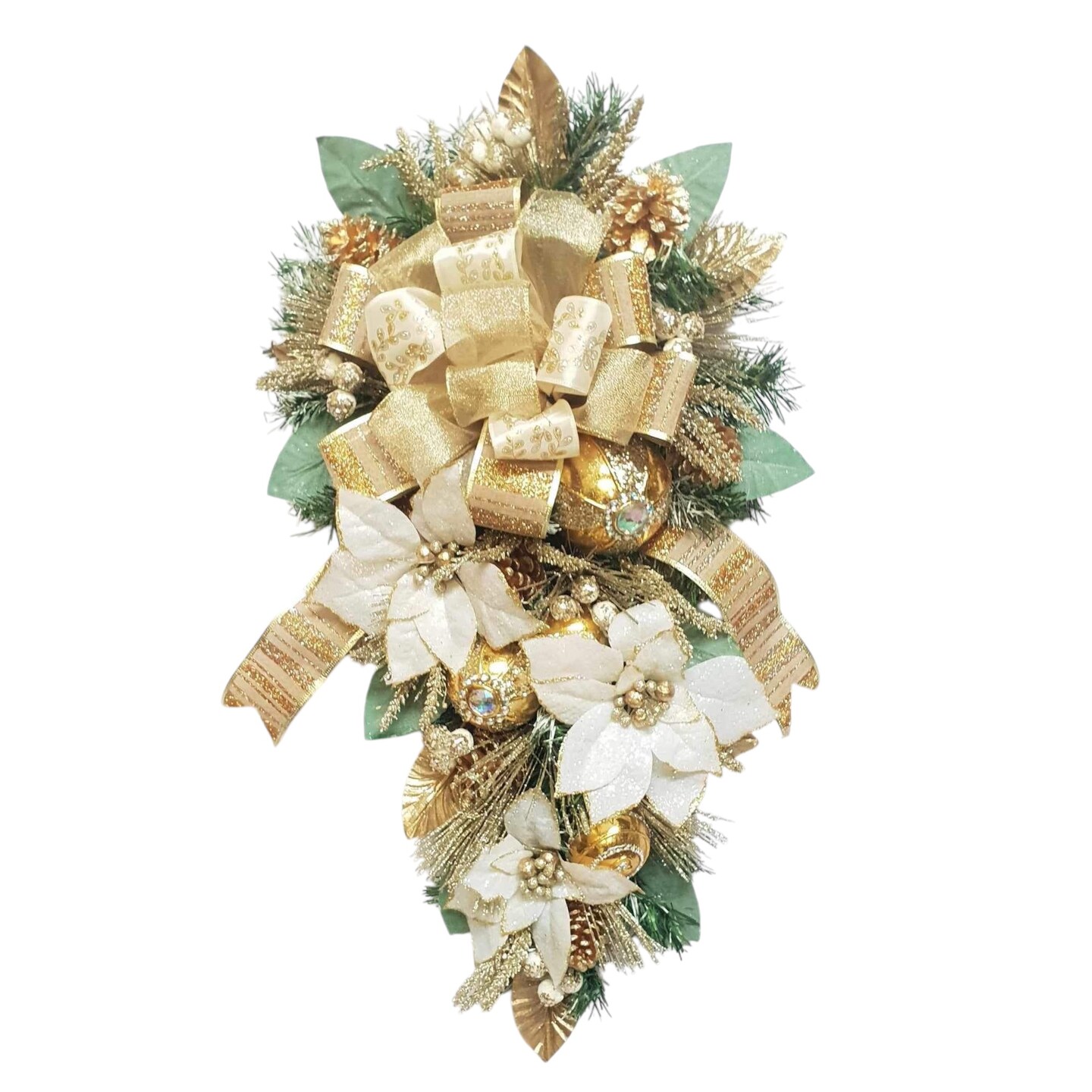 33&#x22; Christmas Swag, White Gold Poinsettia Swag
