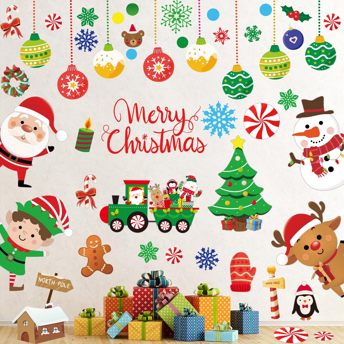 Christmas Wall Decals 96PCS Christmas Wall Stickers Removable Large Merry Christmas Wall Decorations Christmas Bathroom Wall Decor Santa Claus,Snowman,Reindeer Window Clings for Outdoor,Indoor