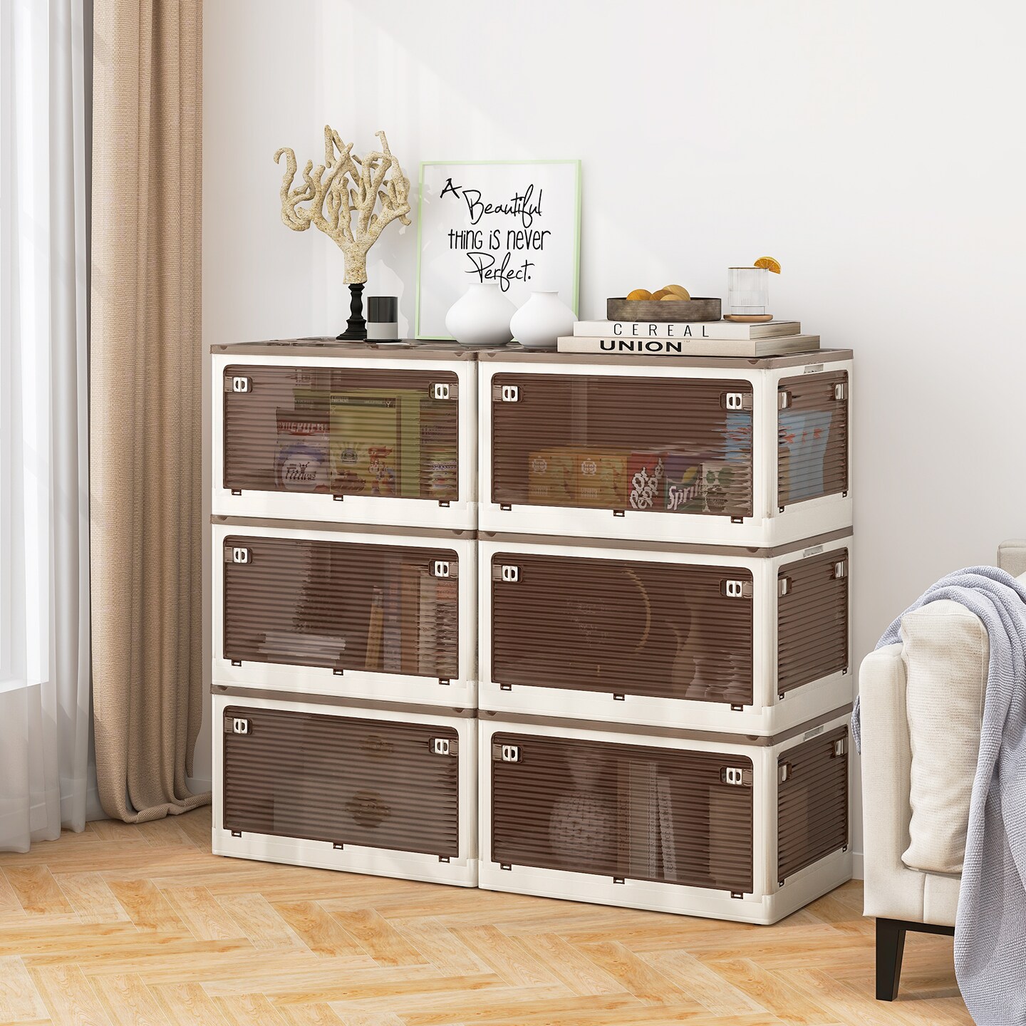 3-Pack Foldable Storage Bins with Top Lid Wheels and Push Latch Doors for Home Organization