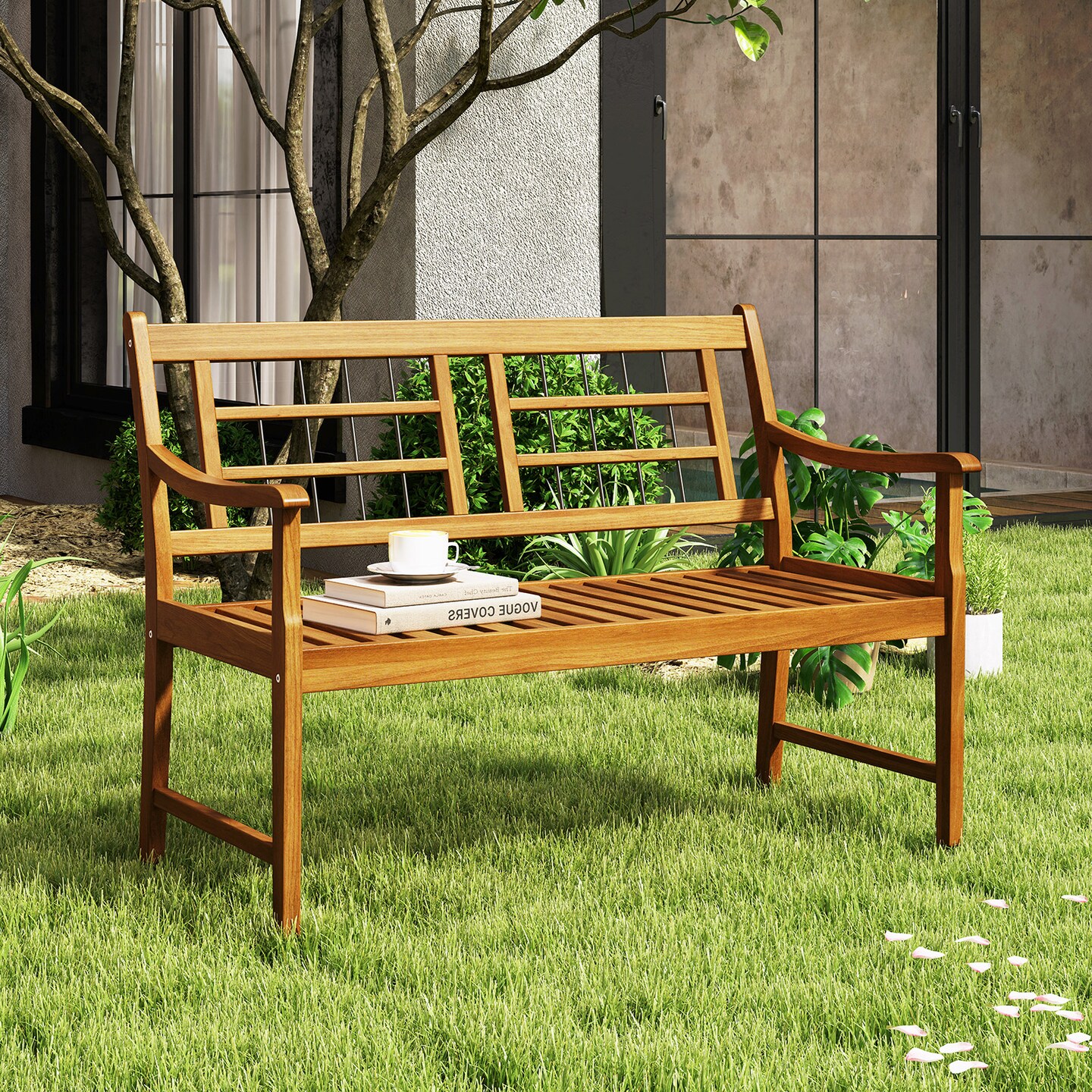 Patio Acacia Wood Bench with Curved Armrests Slatted Seat and Backrest