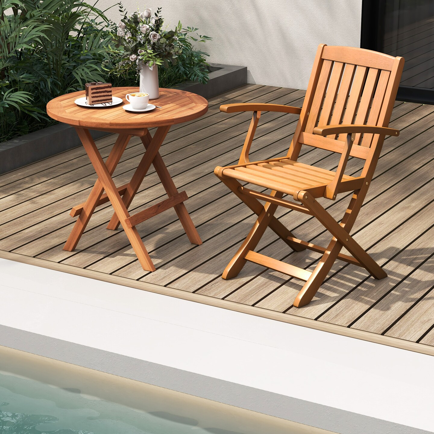 Set of 2 Foldable Natural Eucalyptus Wood Outdoor Dining Chairs for Deck and Yard
