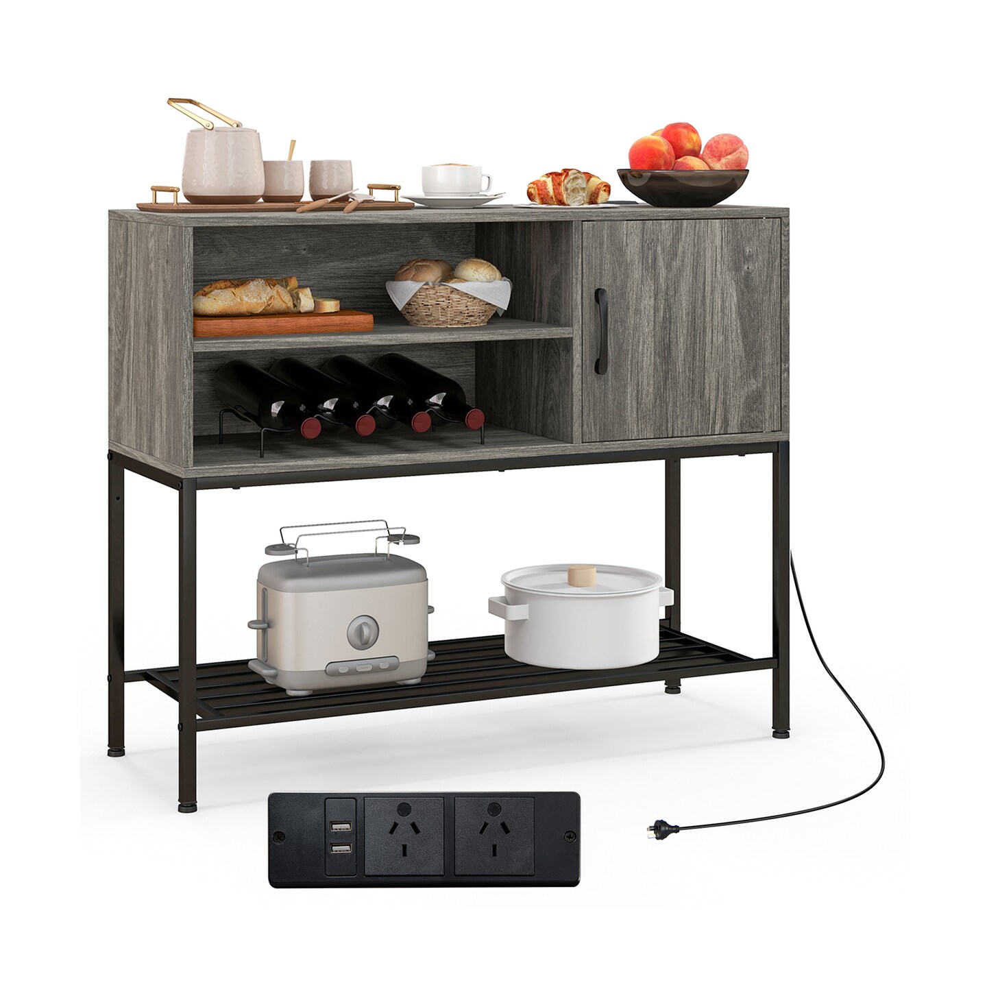 Buffet Sideboard Coffee Bar Cabinet with Power Outlets and USB Ports-Grey
