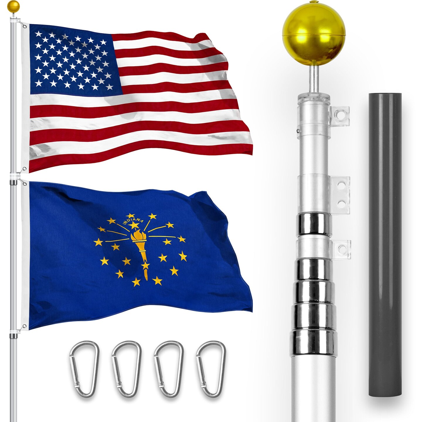 G128 Combo Pack: 25 Ft Telescoping Aluminum Flagpole (Silver) & American and Indiana Flags 3x5 Ft, Both StormFlyer Series Embroidered 220GSM Spun Polyester | Pole with Flags Included | Michaels G128 Combo Pack: 25 Ft Telescoping Aluminum Flagpole (Silver) & American and Indiana Flags 3x5 Ft, Both StormFlyer Series Embroidered 220GSM Spun Polyester | Pole with Flags Included | Michaels