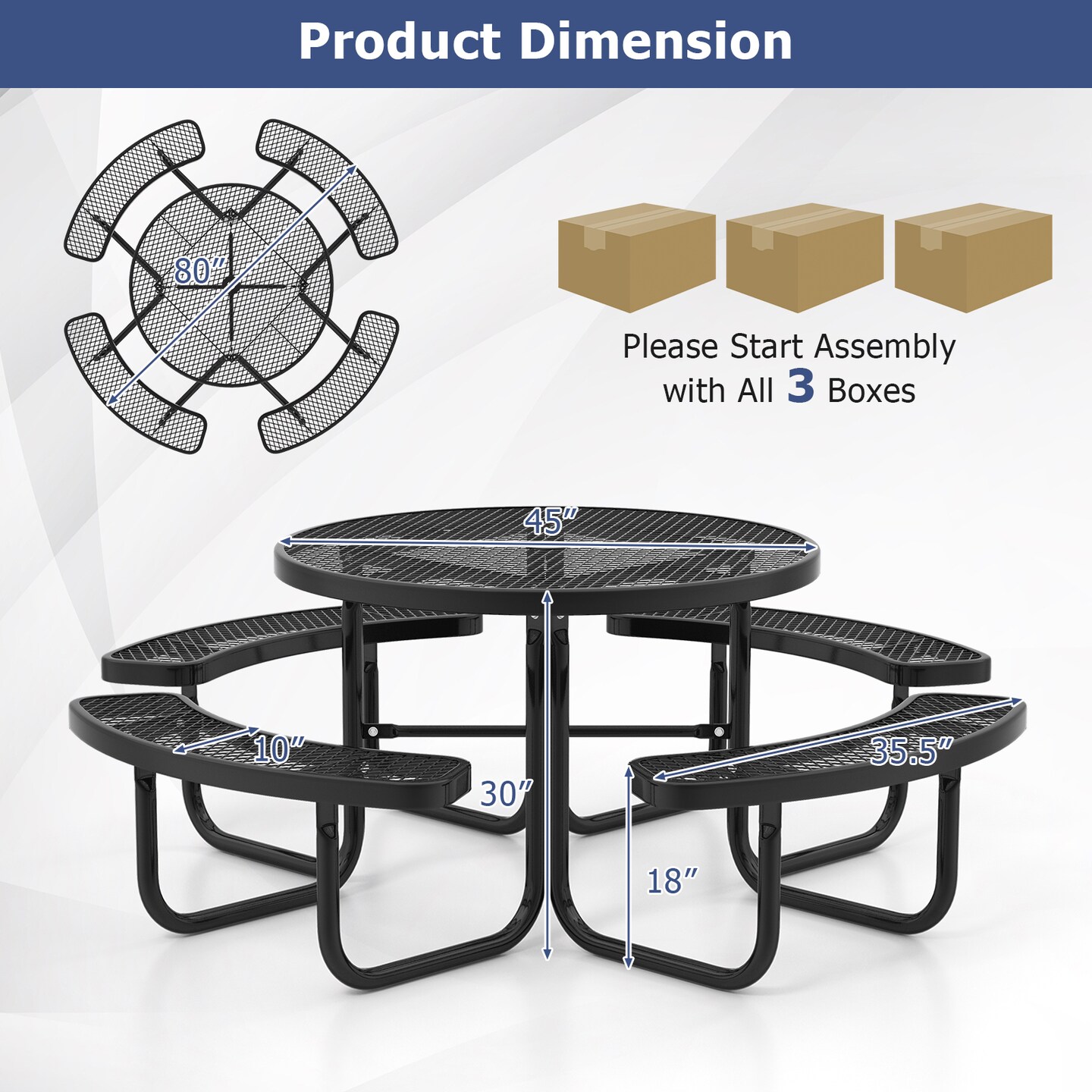 45&#x22; Outdoor Round Picnic Table &#x26; Bench Set for 8 with Umbrella Hole-Black - 80&#x22; x 80&#x22; x 30&#x22;