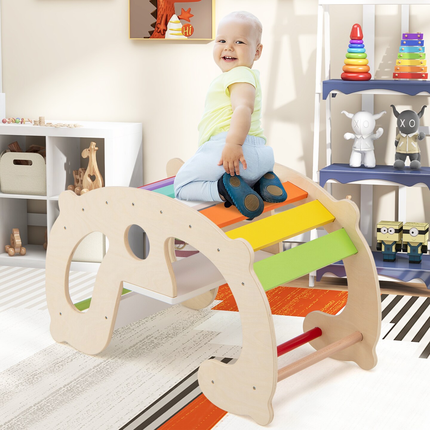 2-in-1 Rocking Horse Arch for Kids Montessori Climbing Toys with Arch Climbet - 31.5" L x 16.5" W x 19" H