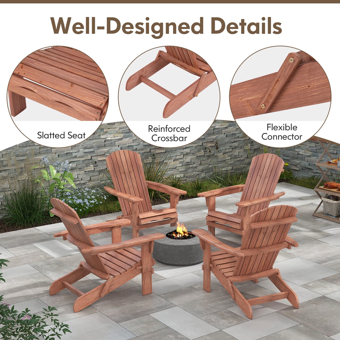 1 Piece Folding Adirondack Chair with High Backrest and Wide Armrests