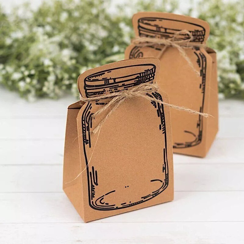25 Natural Mini Mason Jar Shaped Paper Gift Boxes Jute Rope Ties Party Events