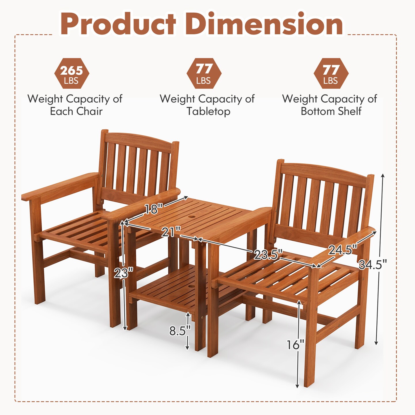 3 Piece Patio Bistro Table and Chairs Set with Umbrella Hole - 24.5&#x22; x 23.5&#x22; x 34.5&#x22; (L x W x H)