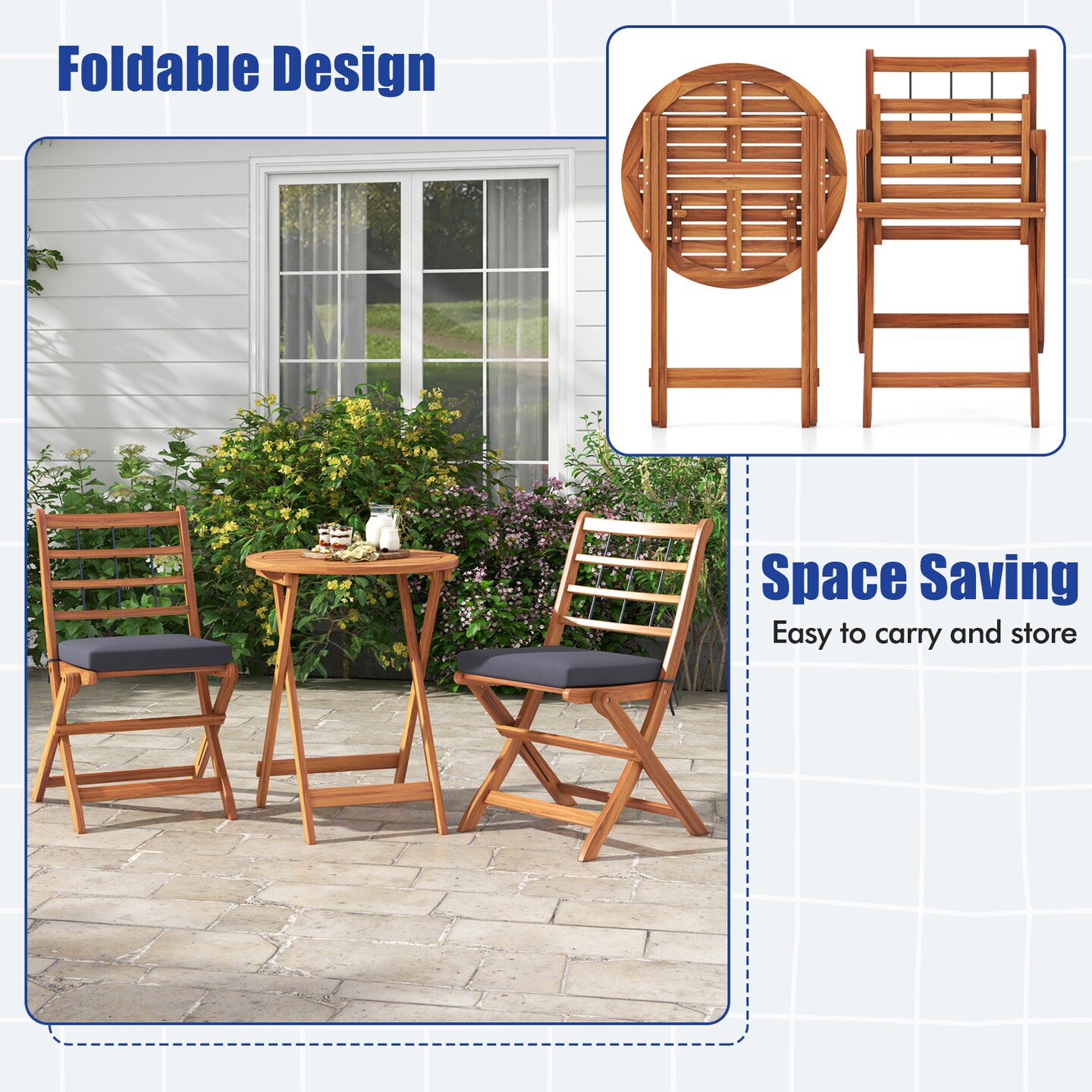 3 Pieces Acacia Wood Patio Bistro Set with Cushions