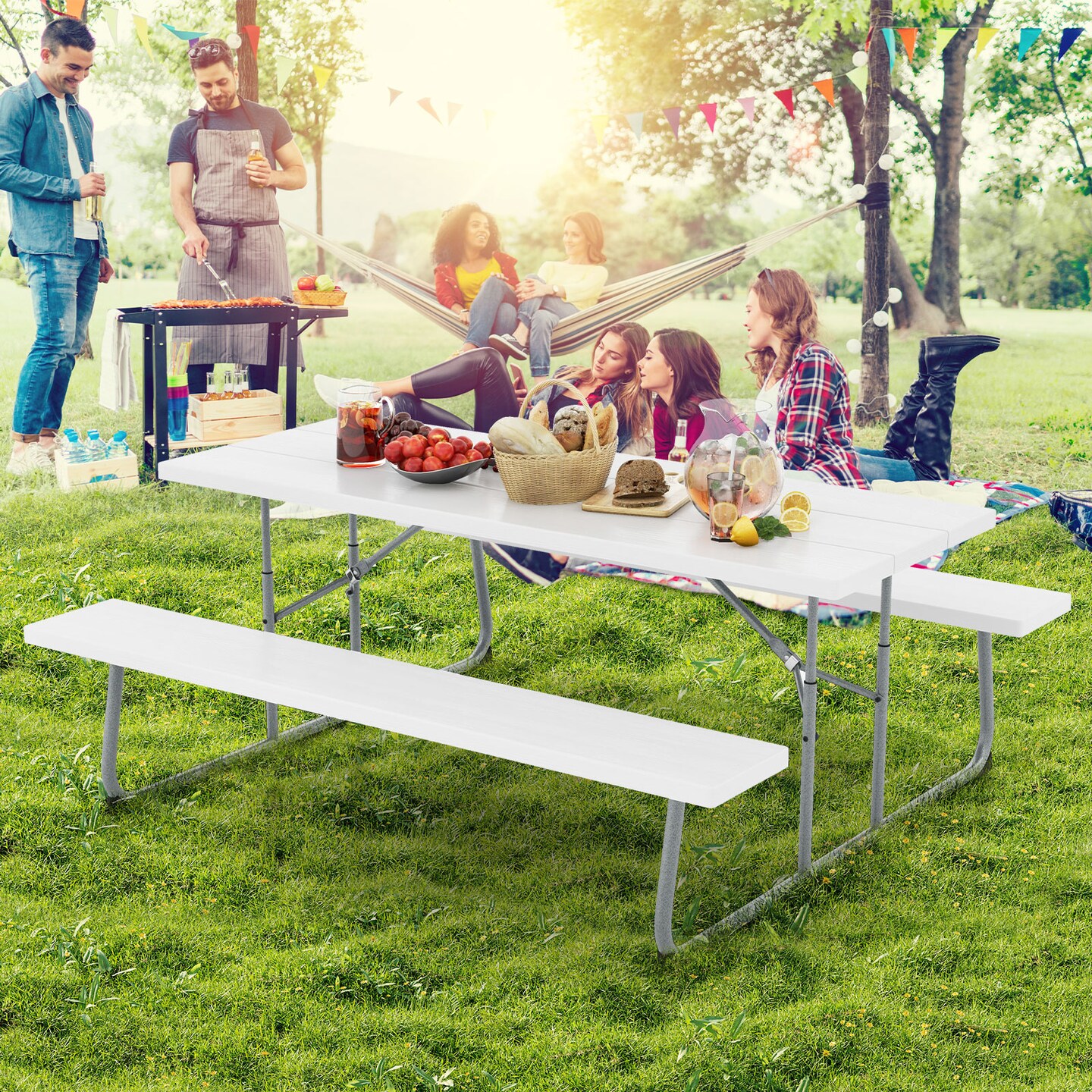 Folding Picnic Table Set with Metal Frame and All-Weather HDPE Tabletop, Umbrella Hole - 72" x 64" x 29" (L x W x H)