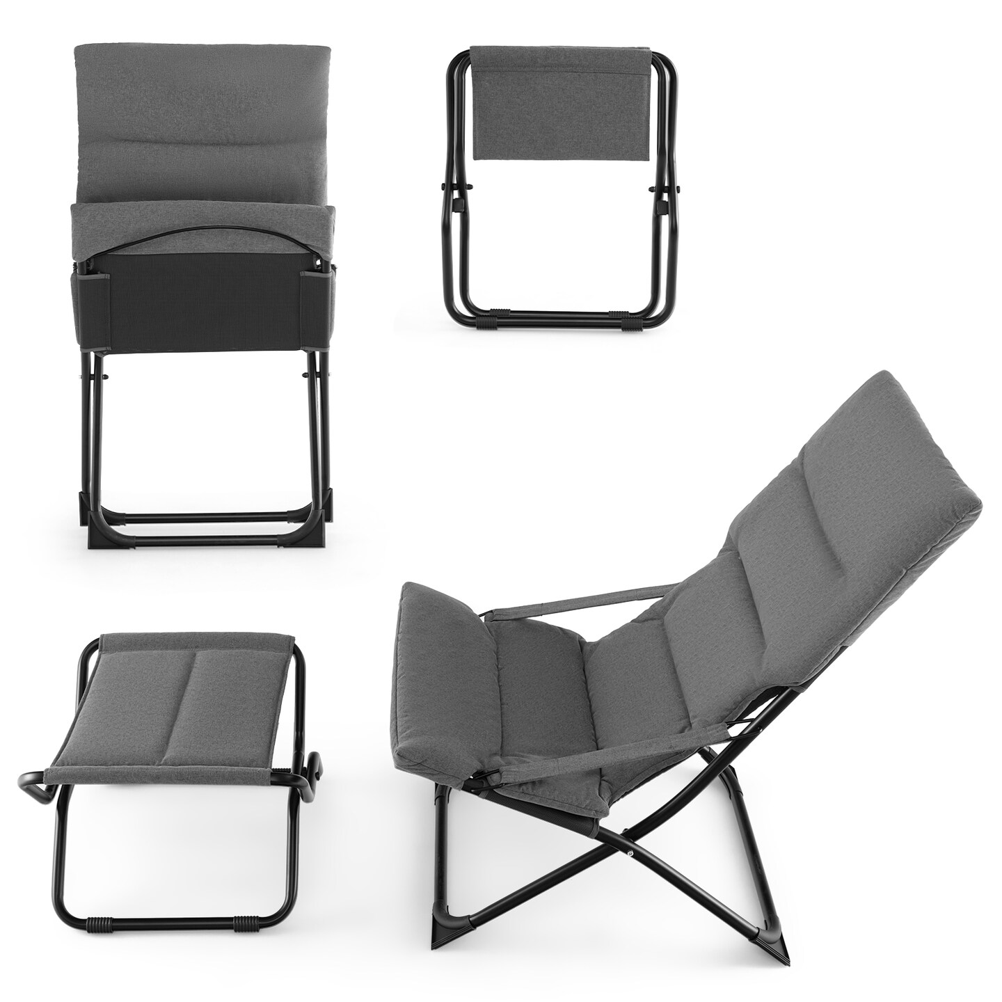 Patio Folding Sling Chair with Ottoman Footrest and Removable Cushion-Grey