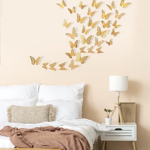 Crosize 48 Pcs Gold Butterfly Decorations, 4 Styles 3 Sizes, Butterfly Wall Decor, 3D Butterfly Party Decorations, Butterflies for Crafts, Bouquet, Cake Decorating, Flower Arrangements, Room D&#xE9;cor