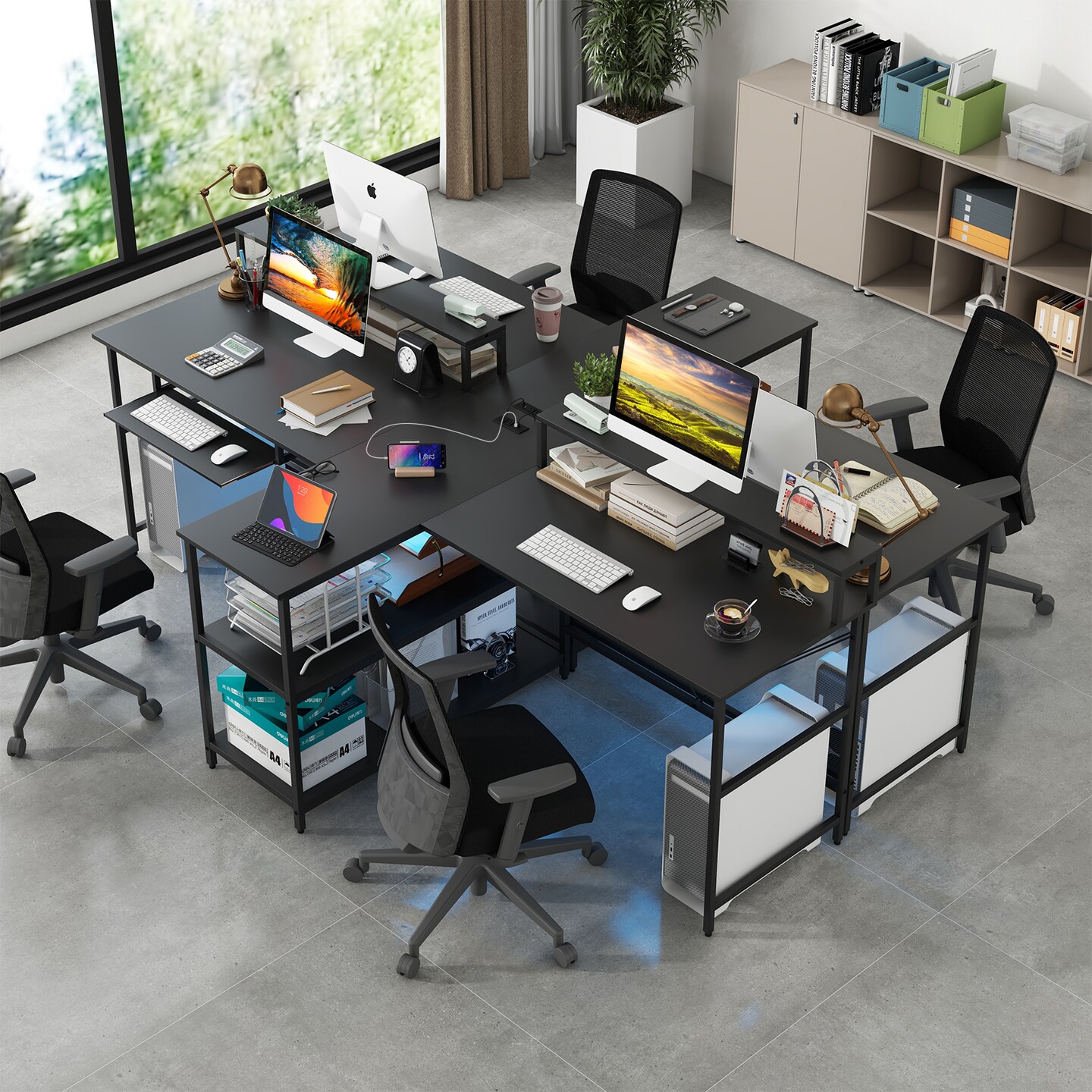 2-Person Reversible Computer Desk Long Office Desk with LED Lights