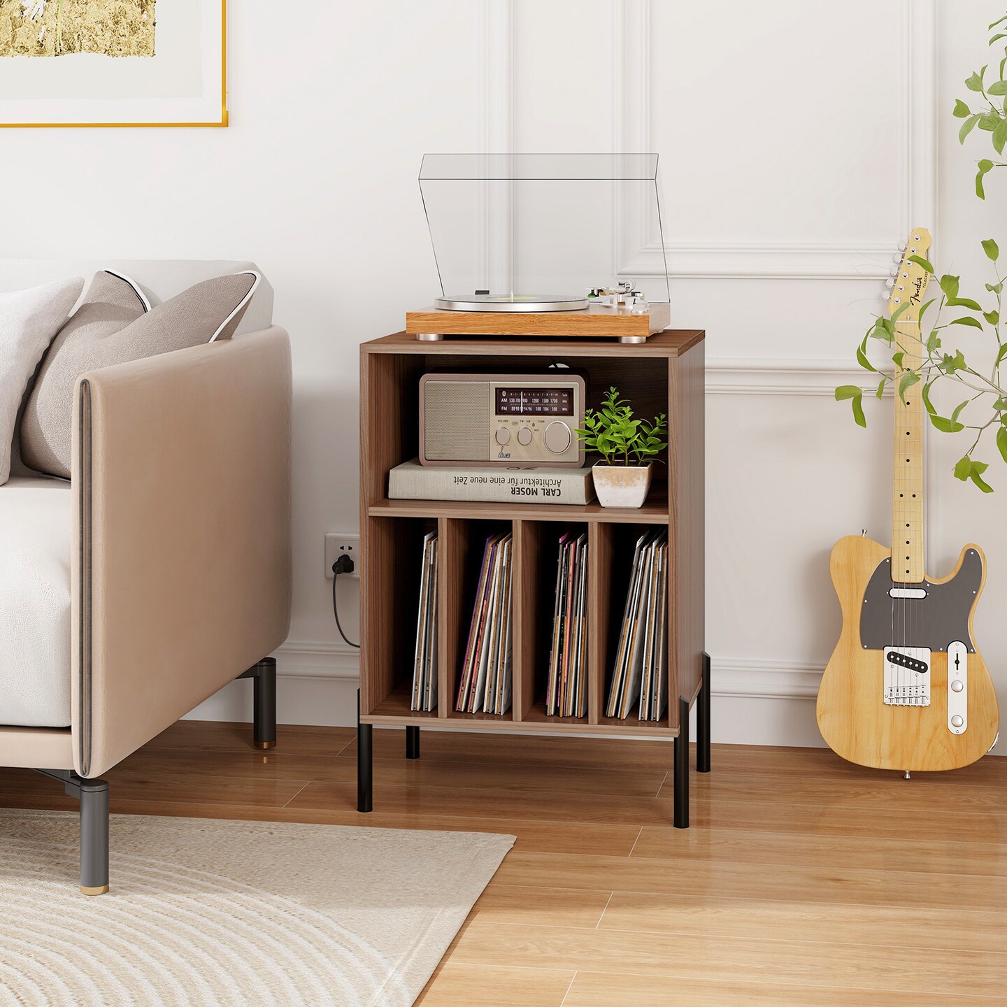 Record Player Stand with Record Storage Shelf and Charging Station - 21&#x22;L x 18&#x22;W x 31&#x22;H