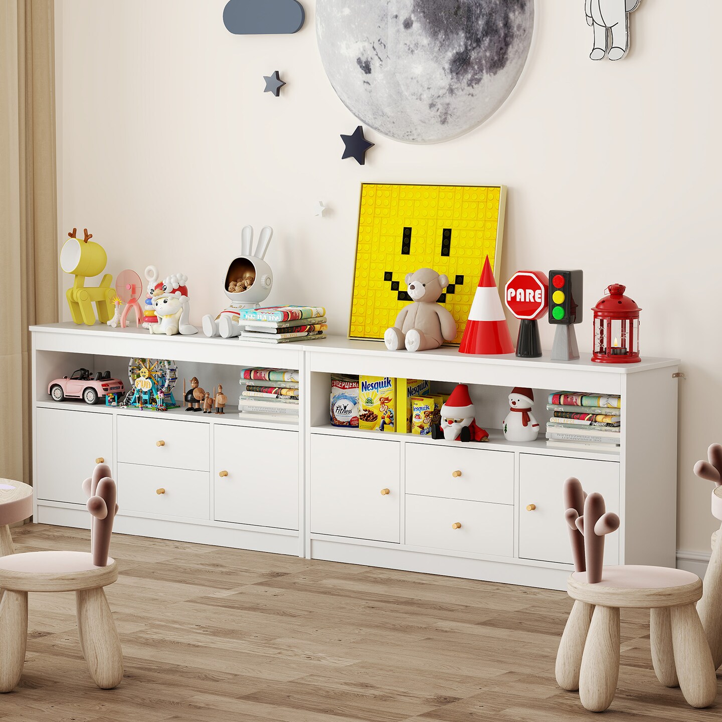 White Kids Toy Storage Organizer with Open Shelf and 2 Drawers for Playroom - 42&#x22; x 12&#x22; x 24.5&#x22;