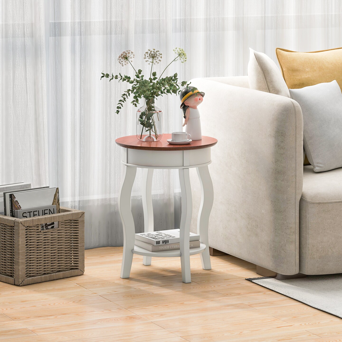 2-Tier Round End Table with Storage Shelf and Solid Rubber Wood Legs-Walnut &#x26; White