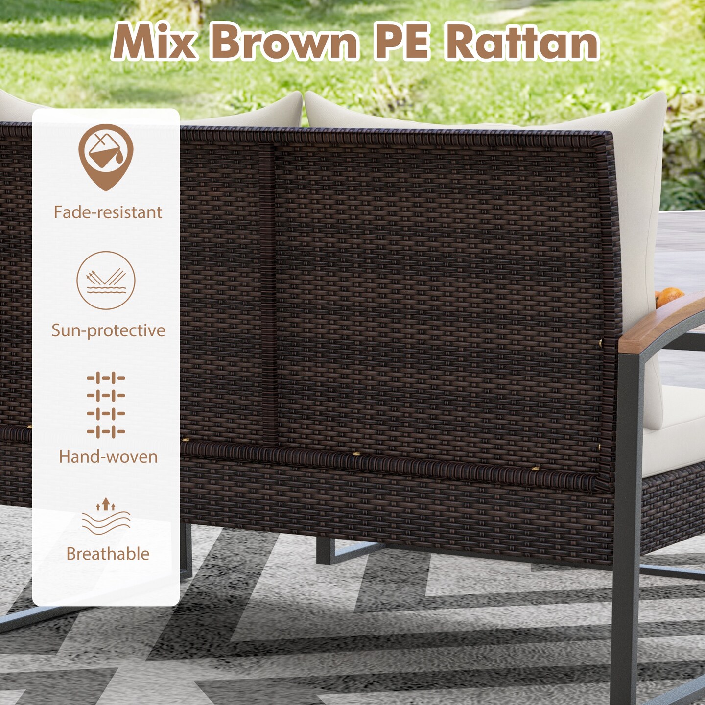 Mix Brown Patio Set 2 Piece Acacia Wood Rattan Loveseat Coffee Table Outdoor Set