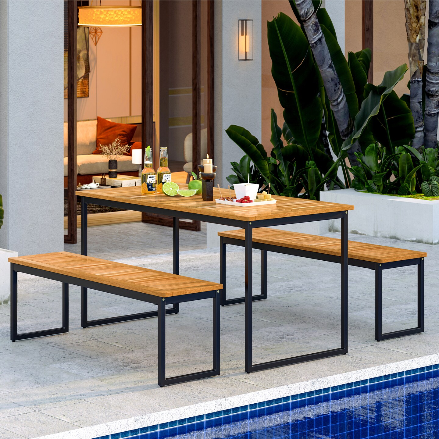 Set of 2 Patio Dining Bench for 2-3 Person Indoor Outdoor - Multi