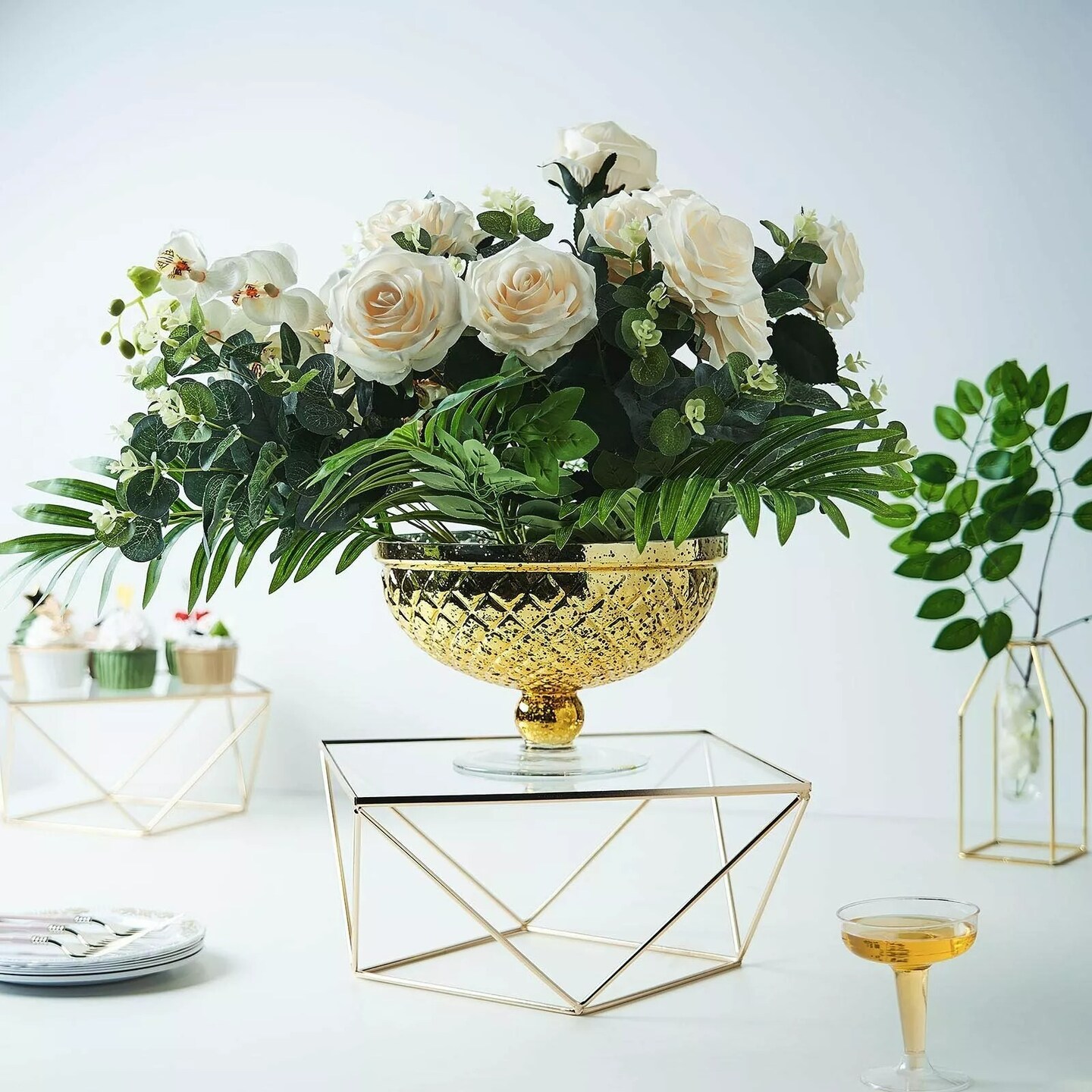 14-Inch Gold Clear Metal Glass Geometric CAKE STAND Party Wedding Decorations