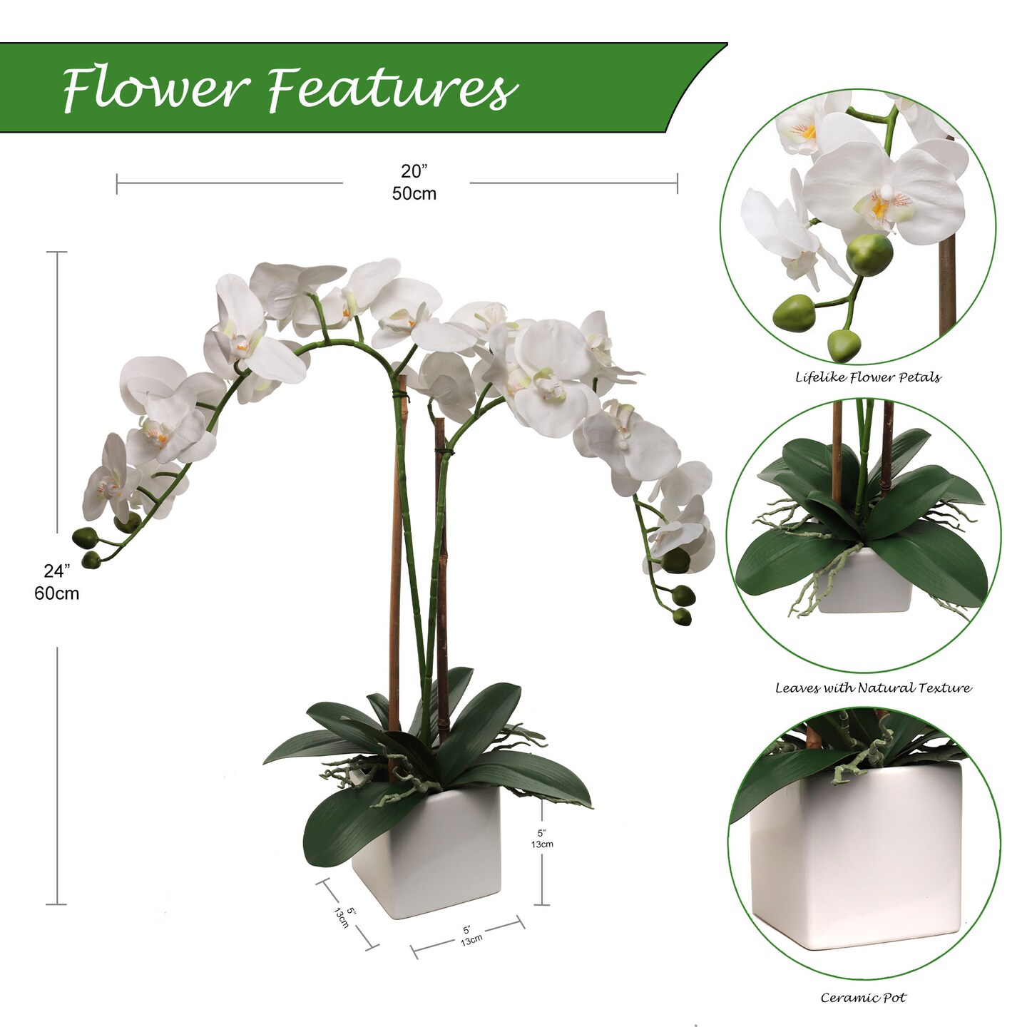 25-Inch Realistic White Orchid Arrangement &#x2013; Artificial Phalaenopsis Flowers with Natural Leaf Details in Ceramic Pot for Home &#x26; Office Decor