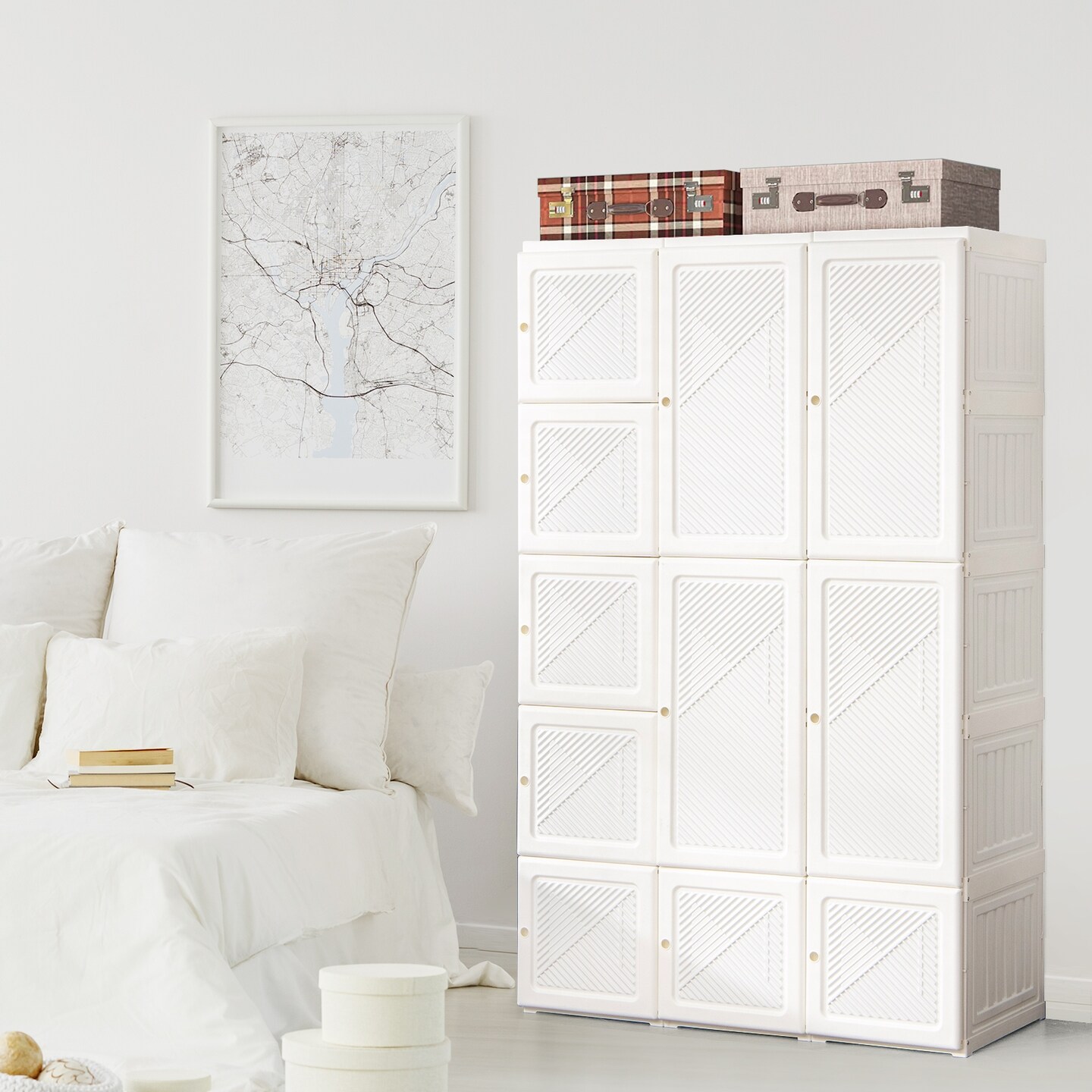 White ABS Foldable Armoire Wardrobe Closet with 2 Retractable Rods and 10 Cubes