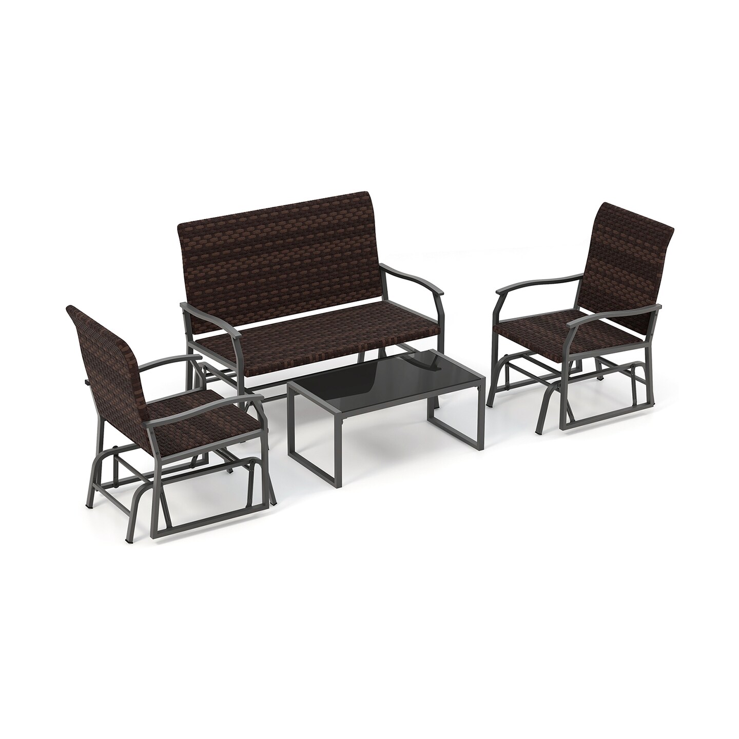 4 Piece Patio Gliding Set Wicker Swing Glider Furniture Set -Brown