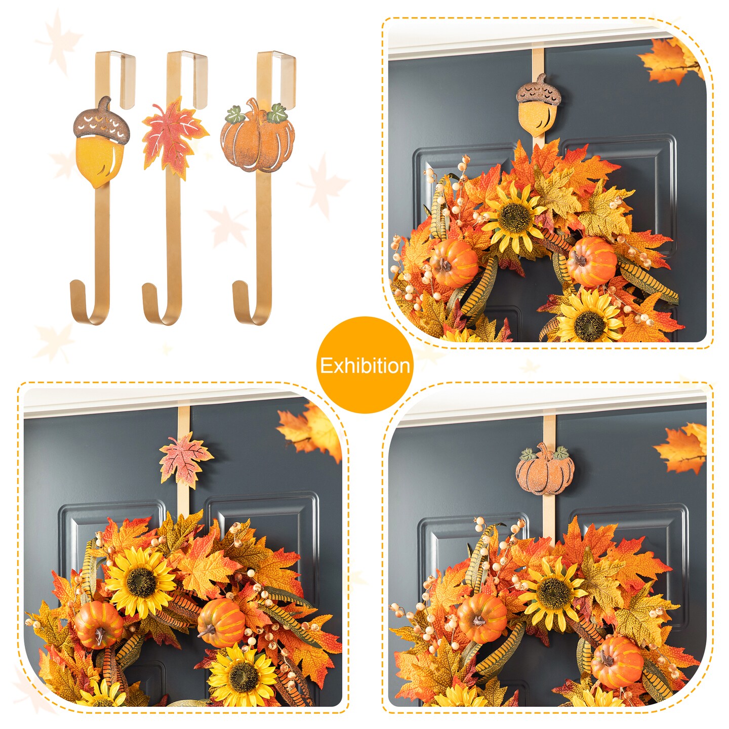 14&#x22;H Set of 3 Fall Metal Glitter Acorn, Leaf &#x26; Pumpkin Wreath Hanger