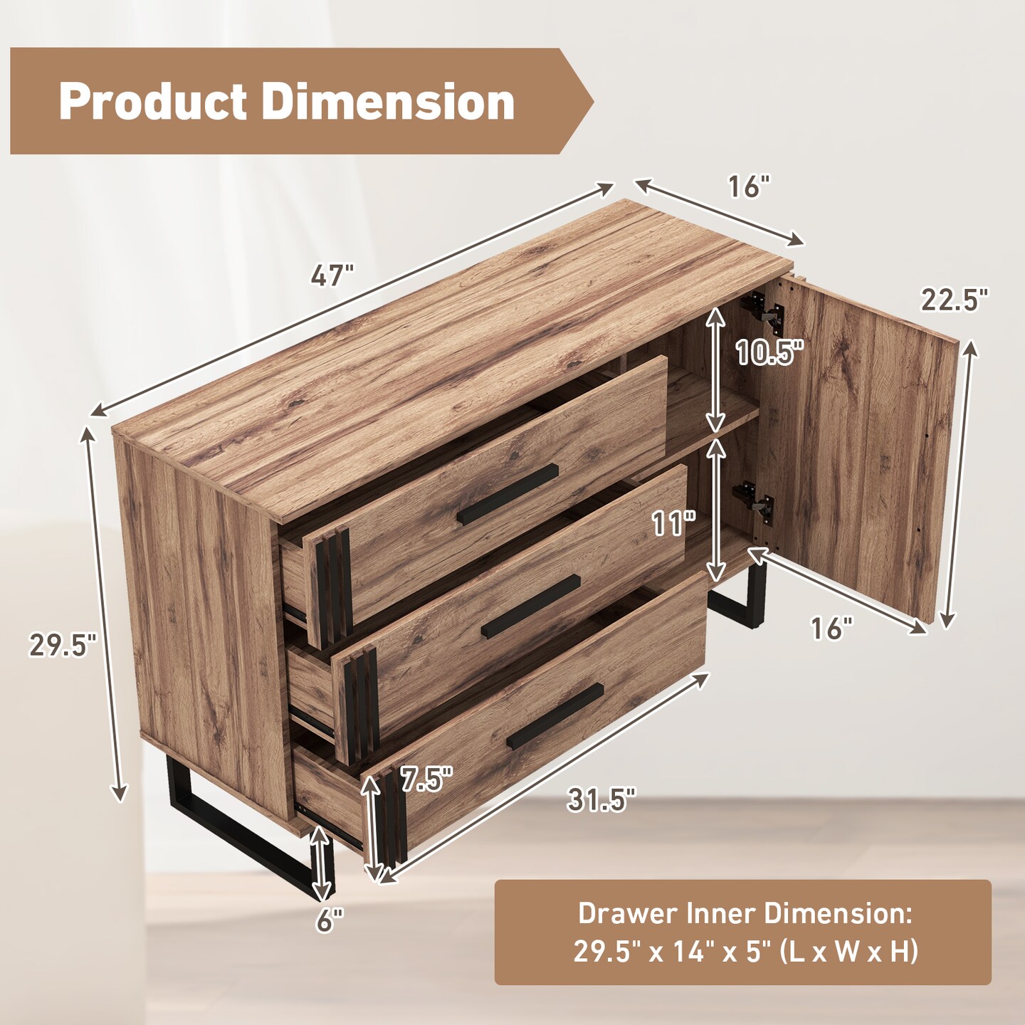 Slickblue Sideboard Buffet Cabinet Credenza Storage Cabinet with 3 Drawers-Rustic Brown