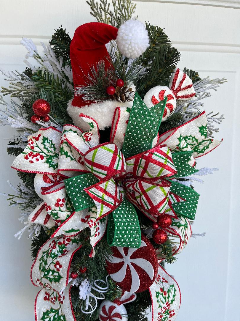 Holiday door swag, Vertical Christmas wreath, teardrop Christmas