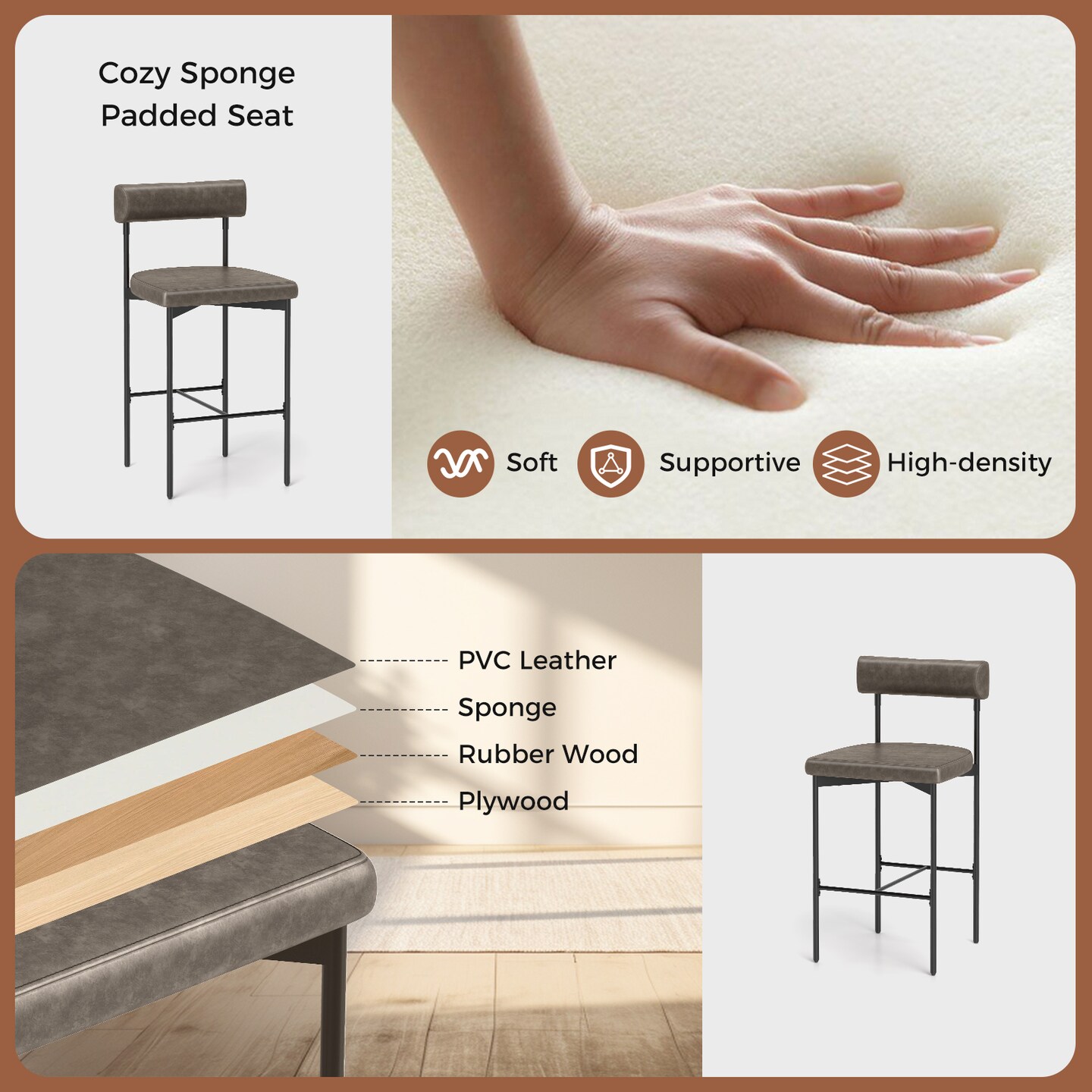 Set of 2 20-Inch Upholstered Bar Stools with Backrest for Counter Height Seating