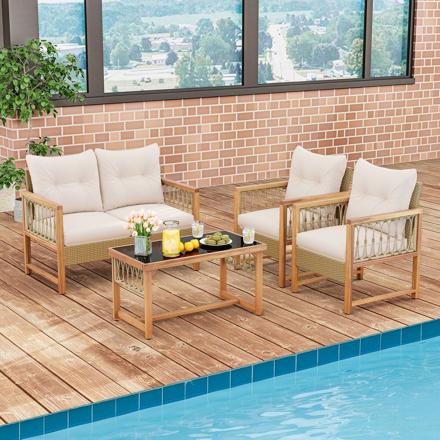 4 Pieces Outdoor Patio PE Wicker Conversation Bistro Set with Acacia Wood Frame-Brown