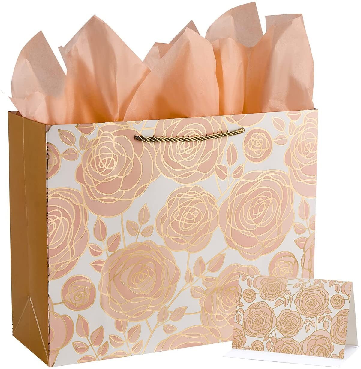 13&#x22; Rose Gold Large Gift Bag with Card and Tissue Paper