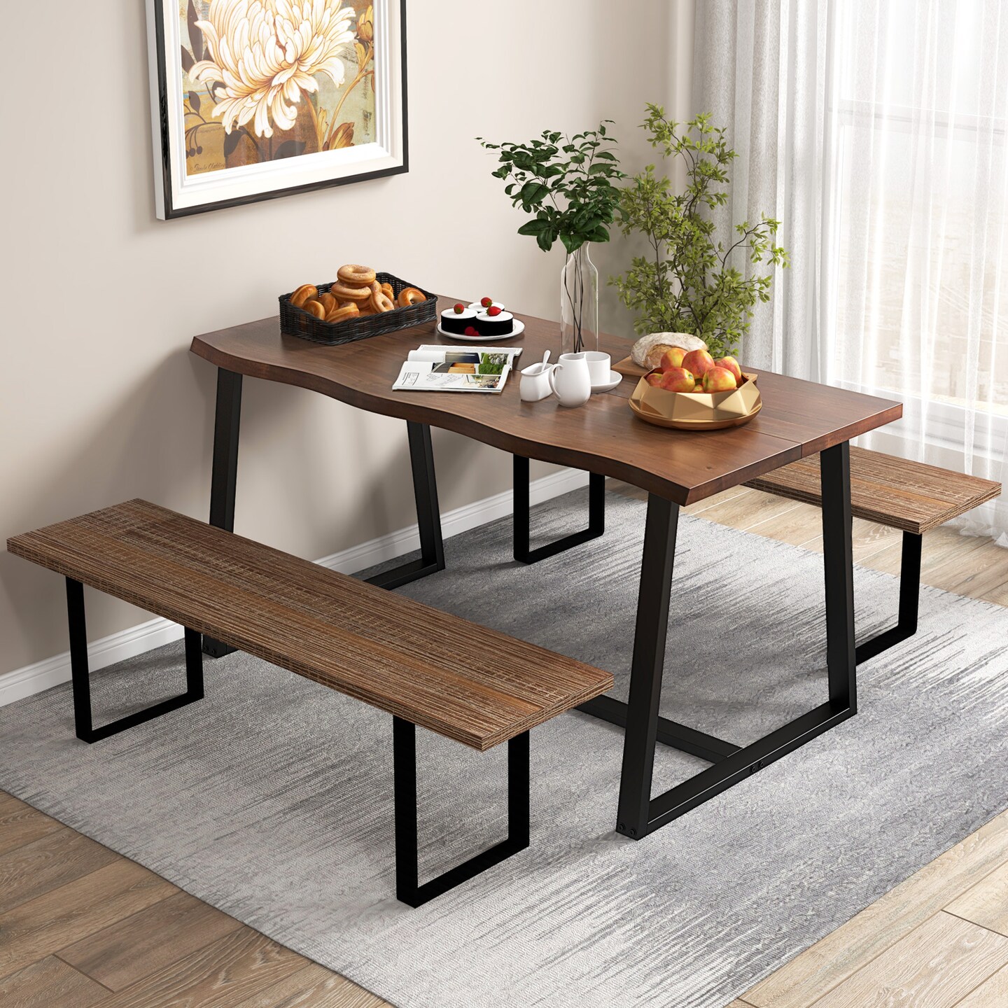 63" Large Dining Table with Wavy Edge and Heavy-duty Metal Frame - 63"L x 31.5"W x 31.5"H