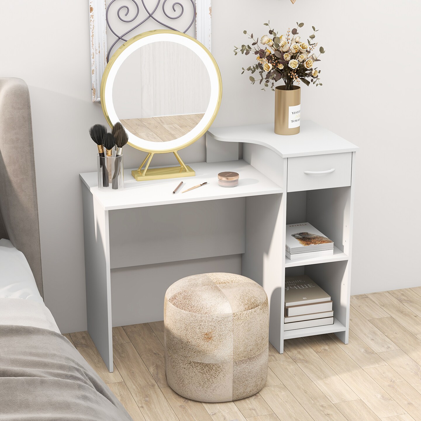 White Computer Desk with Drawer Raised Platform Adjustable Shelf Workstation