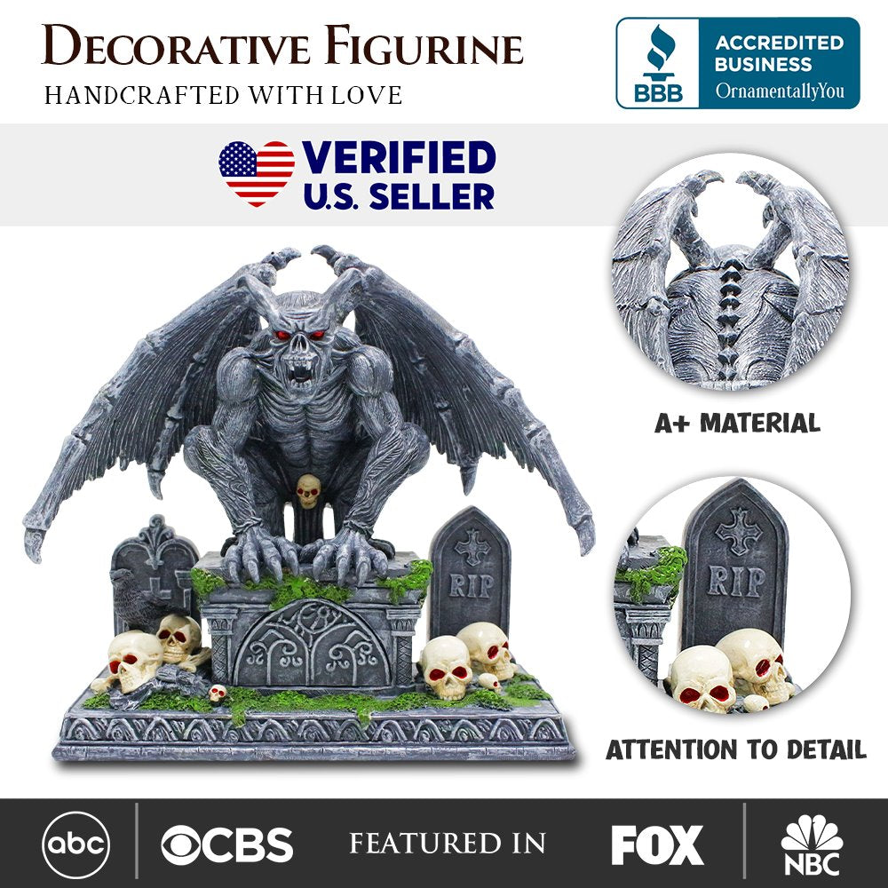 Grave Guardian Gargoyle Figurine, 7&#x22; Solar Powered Gothic Halloween Garden Statue