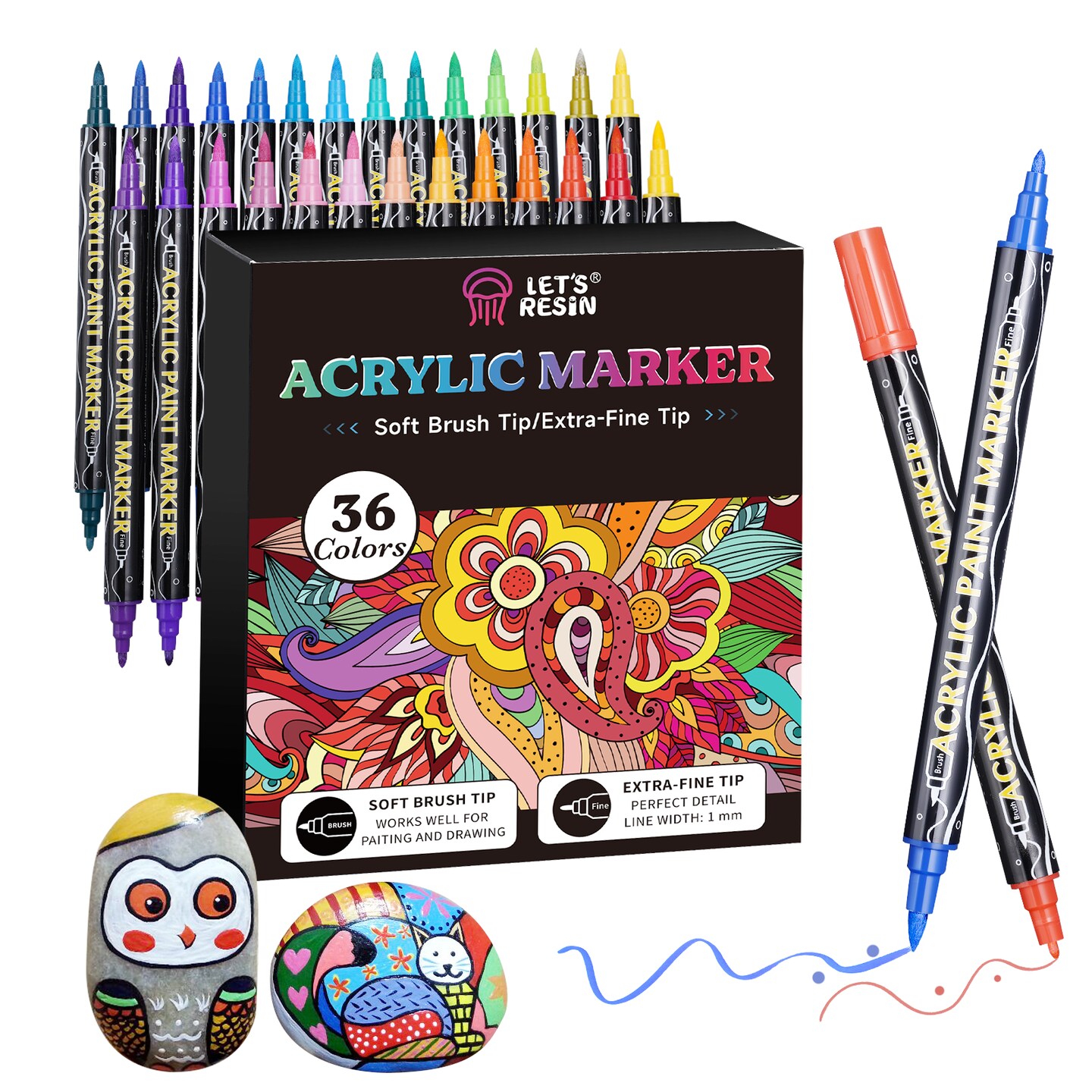 LET'S RESIN 36 Acrylic Paint Pens Markers, Dual Tip Fine&Brush Paint Markers, Strong Coverage Bright Colors Paint Pens for Rocks, Canvas, Wood, Glass,Fabric, Plastic, Acrylic Paint Set