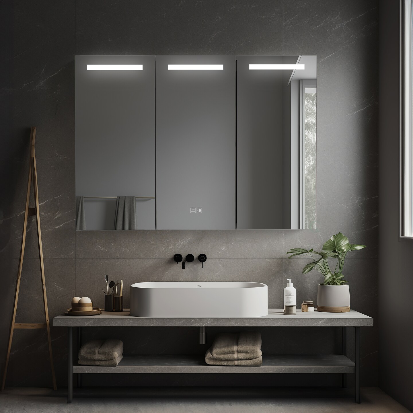 Basicwise 3-Door Versatile Bathroom Medicine Cabinet with Anti-Fog LED Mirror, Waterproof Aluminum, Surface or Recessed Mount, 2 Adjustable Glass Shelves, Wall Cabinet for Bathroom Storage, Silver