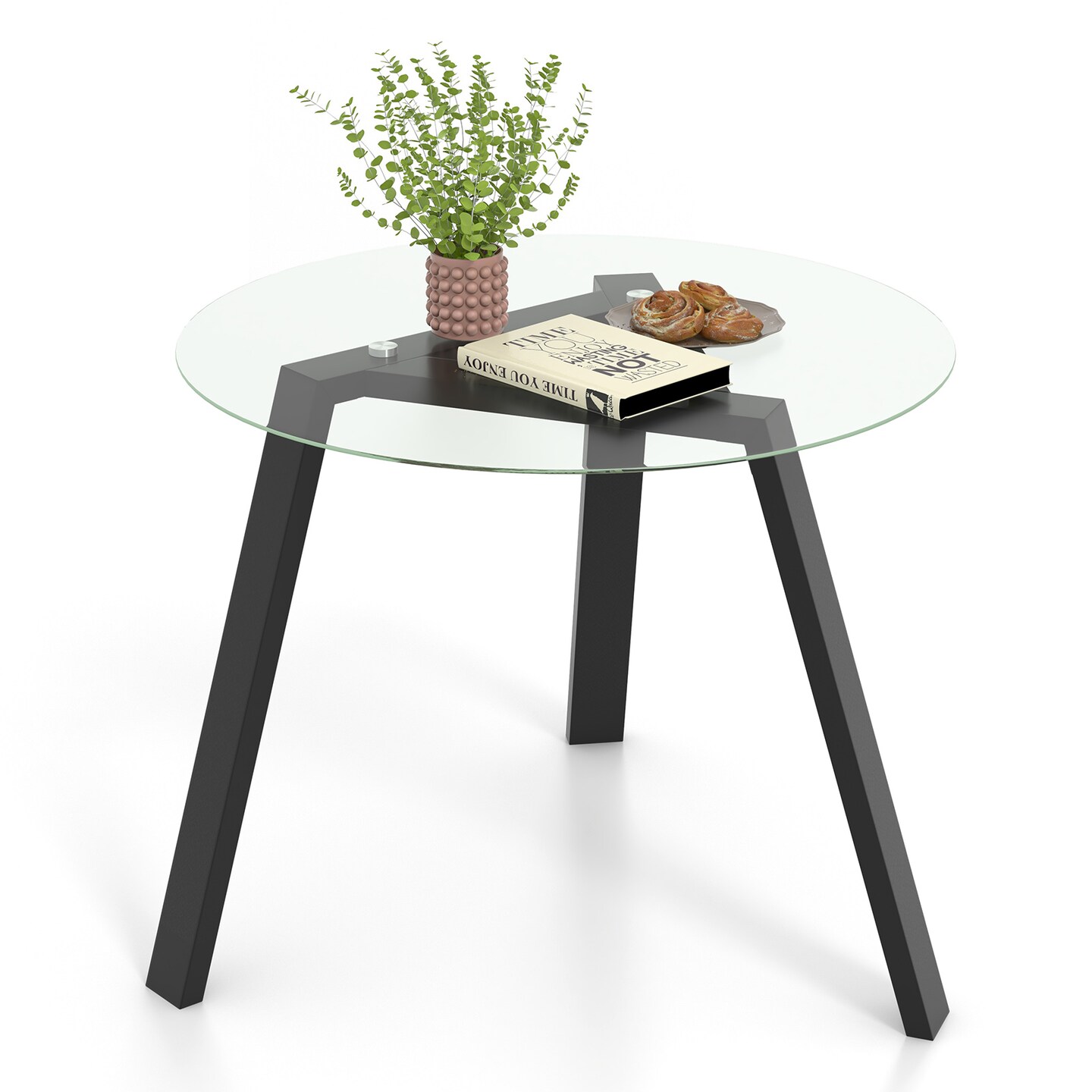 36 Inches Round Glass Dining Table for 4 with Rubber Wood Frame-Natural - 36&#x22; x 36&#x22; x 29&#x22;