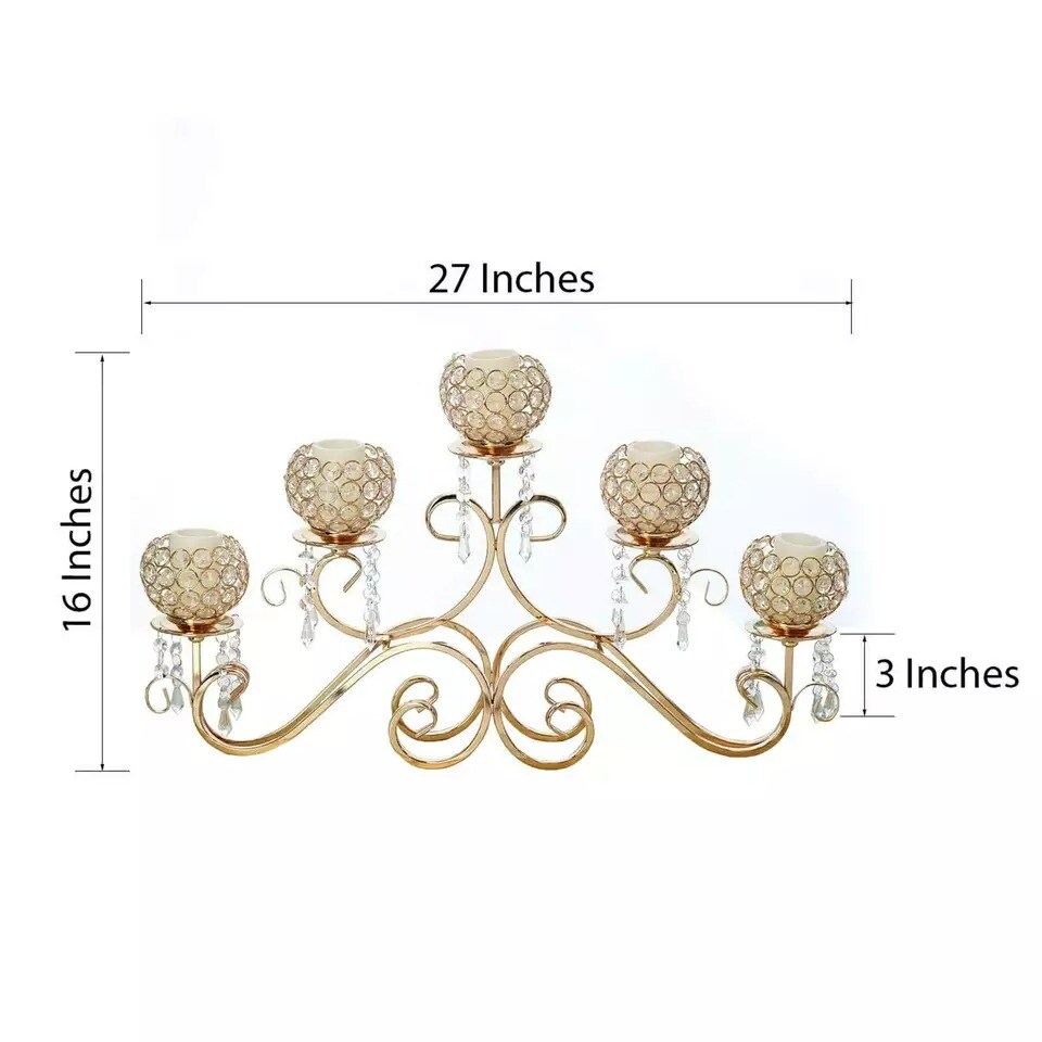27&#x22; wide Gold Horizontal Candle Holder Crystal Beads Wedding Home Centerpiece