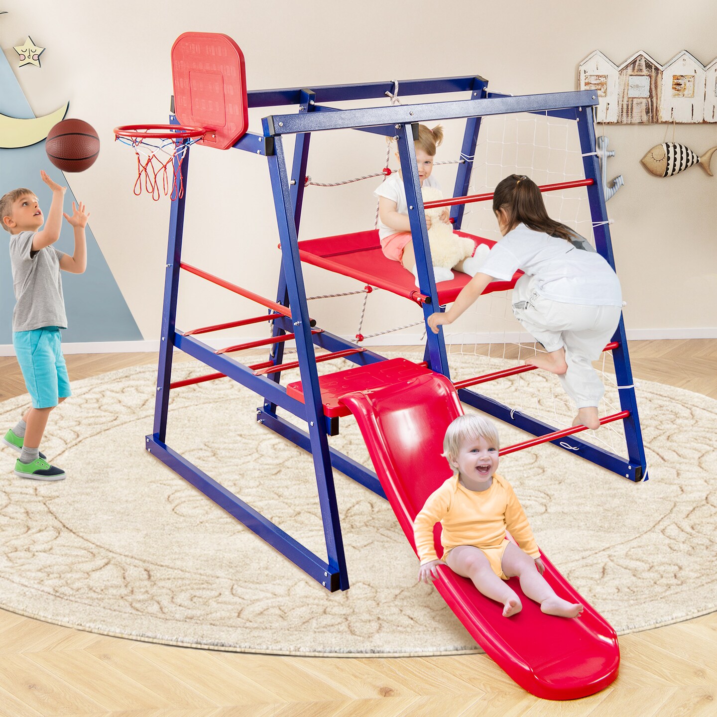 7-In-1 Metal Toddler Climbing Toys for 3-7 Years Old - 59&#x22; x 56&#x22; x 57.5&#x22; (L x W x H)