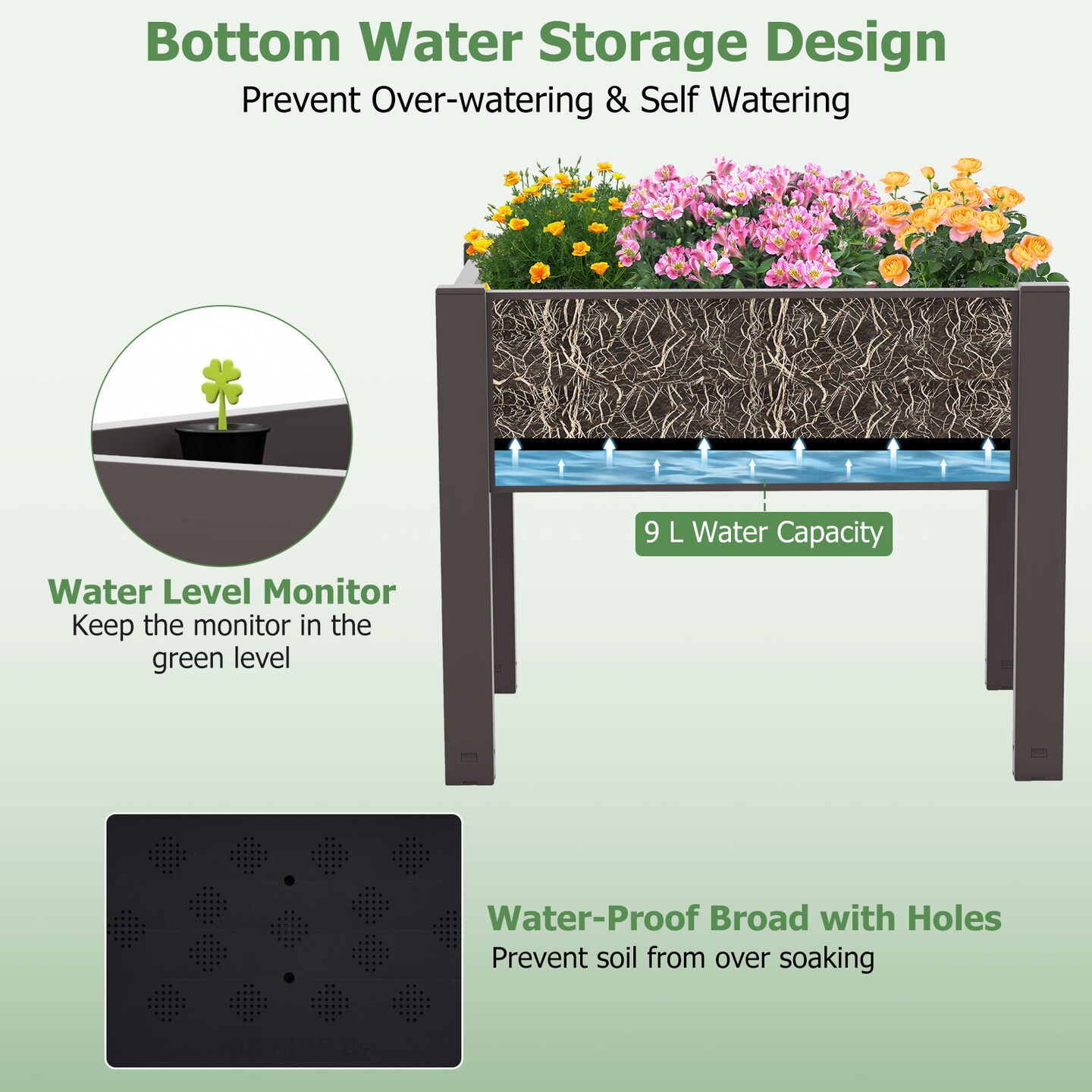 53L Raised Bed Grow Box Self-Watering Planter Box Stand with Water Level Monitor