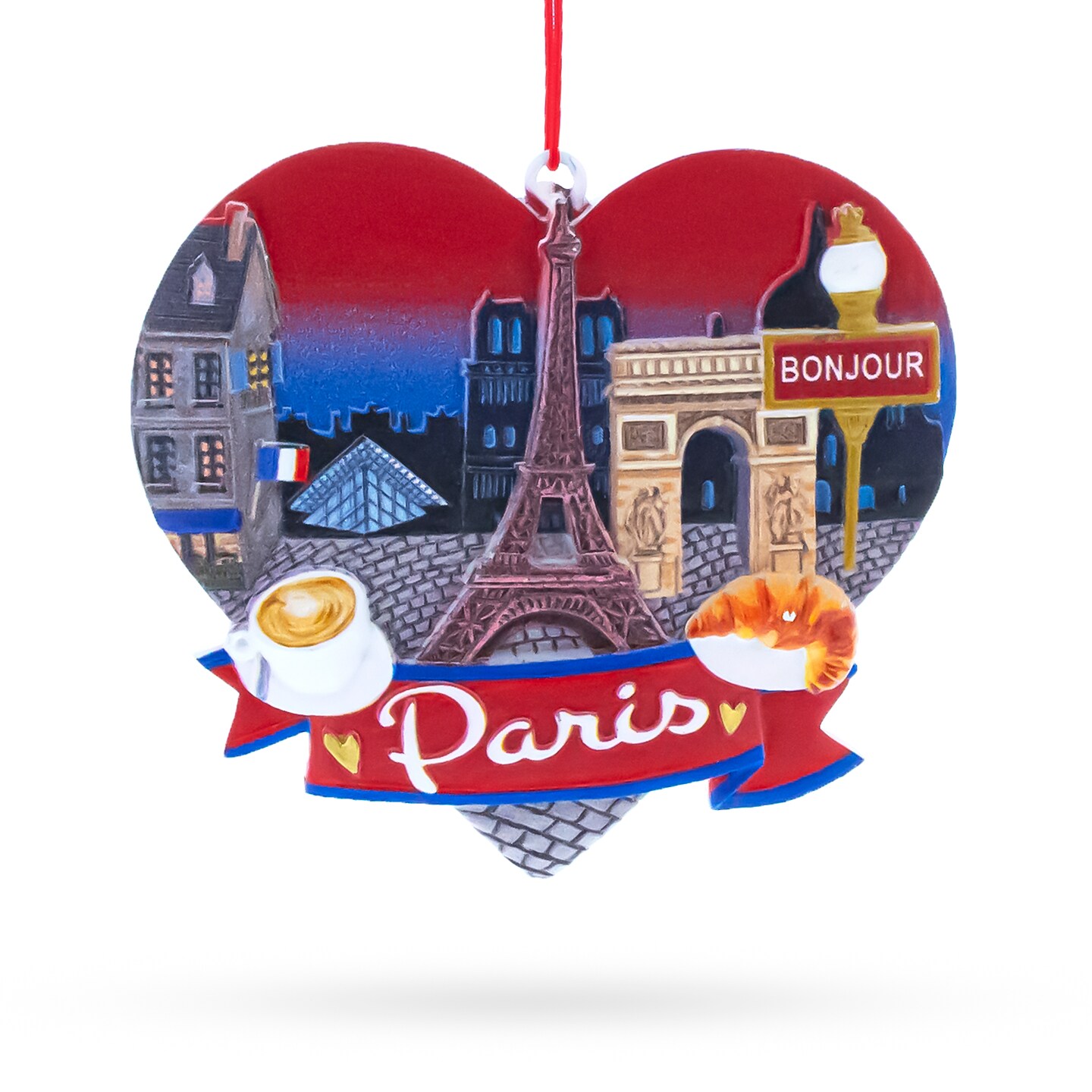 Paris Heart with Eiffel Tower and Bonjour Caf&#xE9; Resin Christmas Ornament
