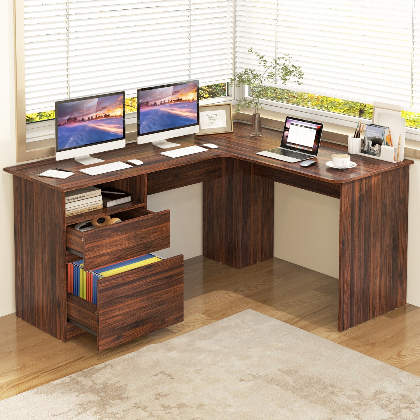 L-Shaped Computer Desk with Letter File Drawer