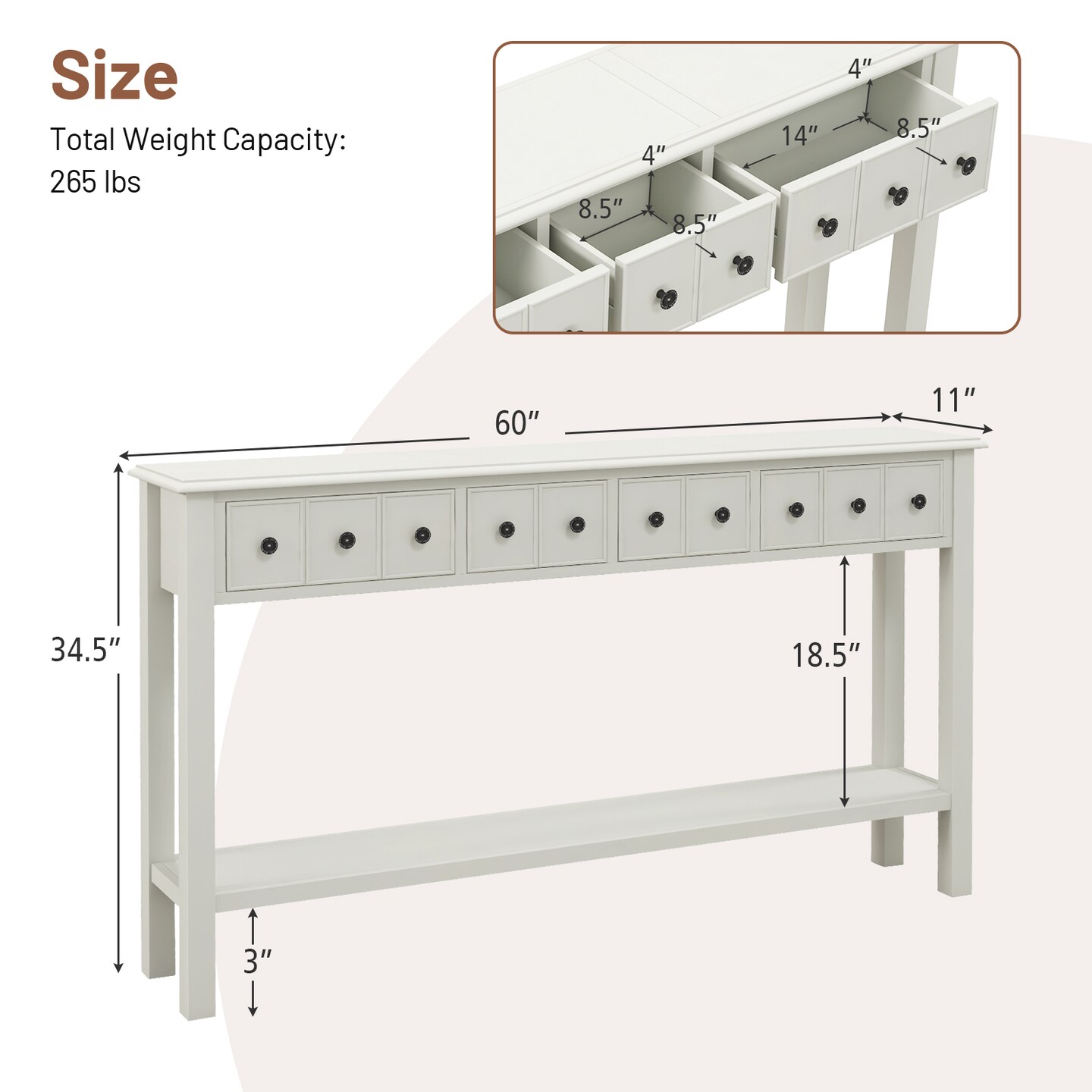 60 Inch Long Sofa Table with 4 Drawers and Open Shelf for Living Room