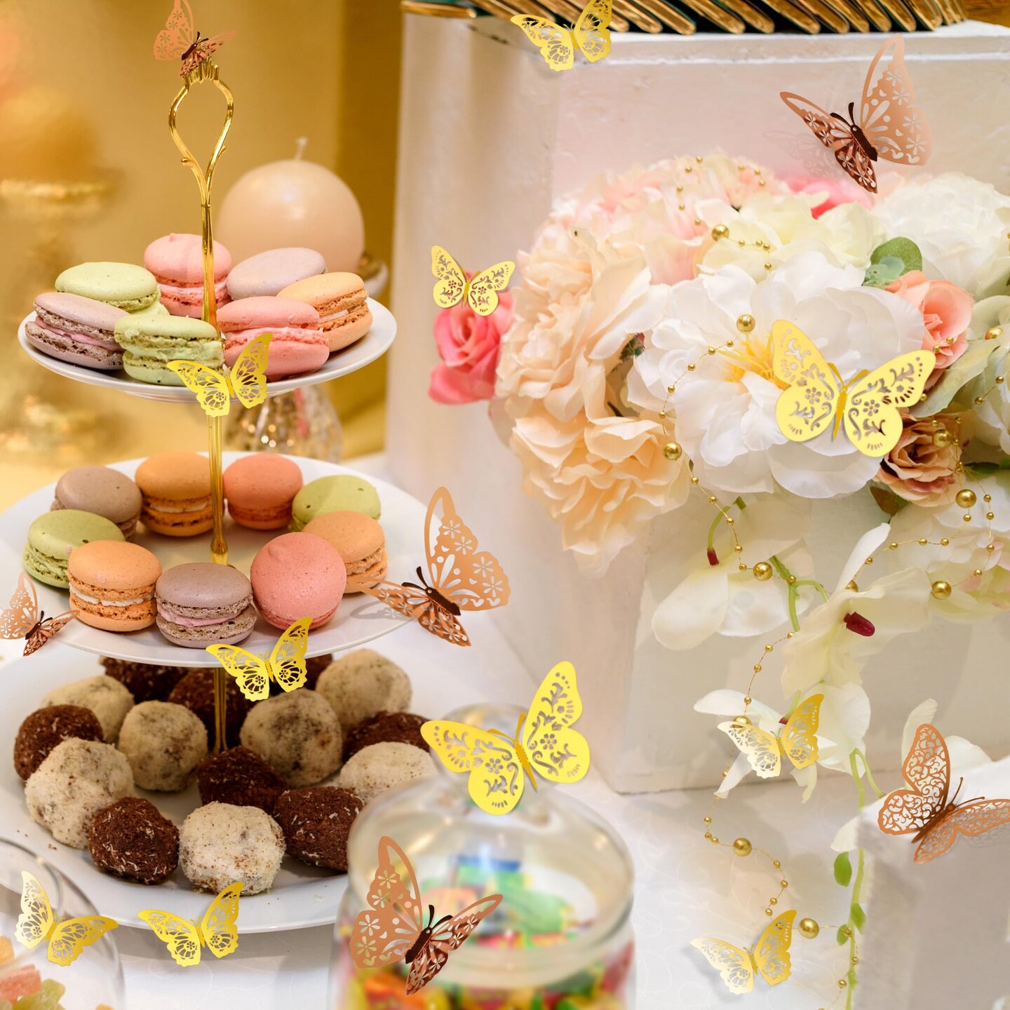 Crosize 48 Pcs Gold and Rose Gold Butterfly Decorations, 4 Styles 3 Sizes, Butterfly Wall Decor, 3D Butterfly Party Decorations, Butterflies for Crafts, Bouquet, Cake Decorating, Flower Arrangements