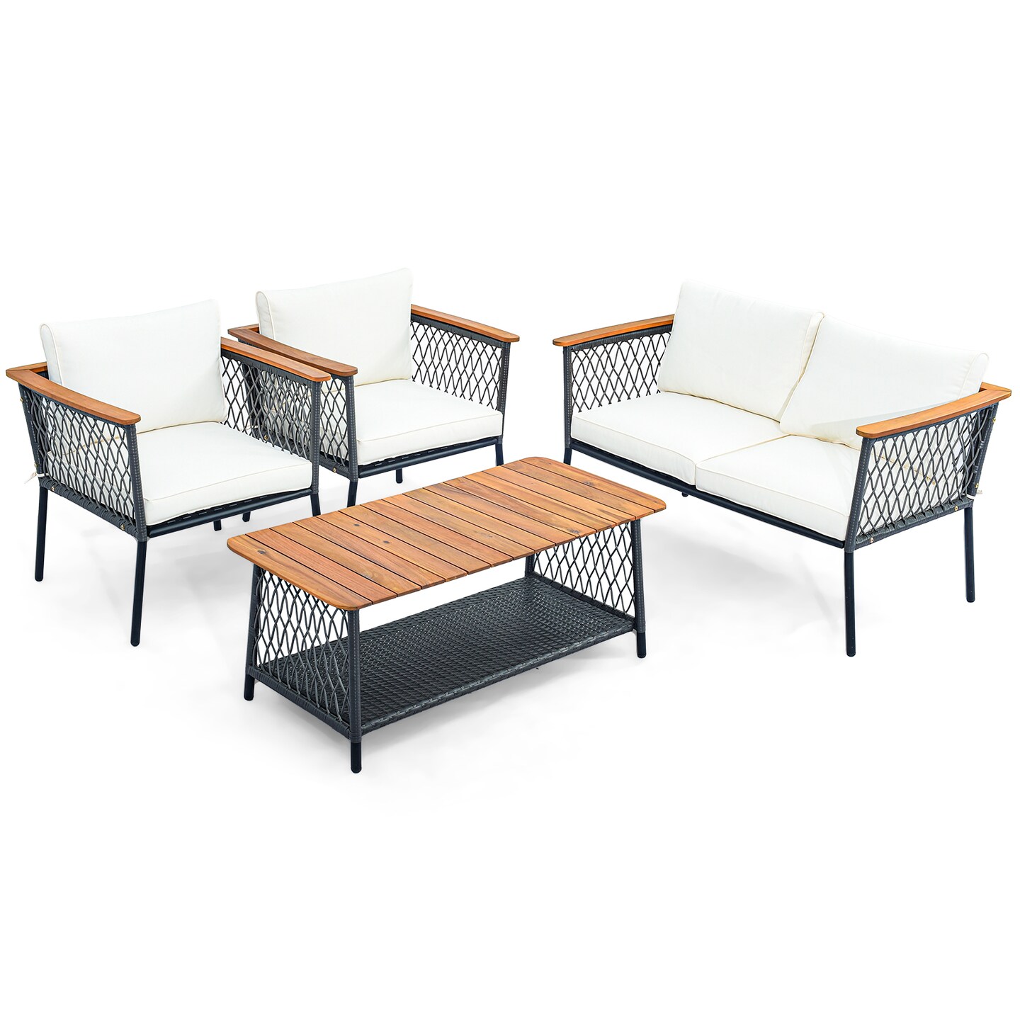 4 Piece Patio Rattan Furniture Set with 2-Tier Coffee Table-White