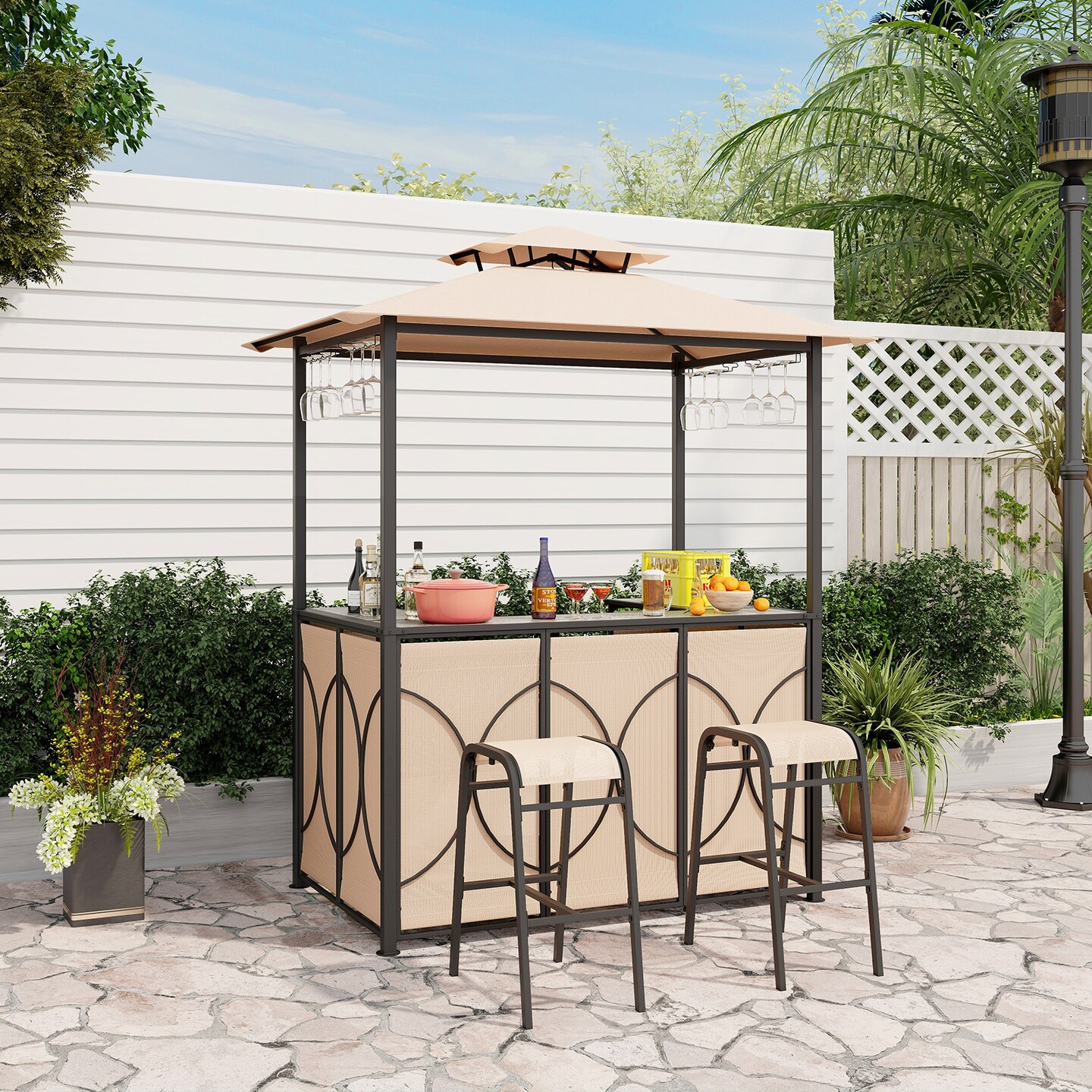 3-Piece Patio Bar Set Grill Gazebo &#x26; 2 Bar Stools with Tempered Glass Bar Table