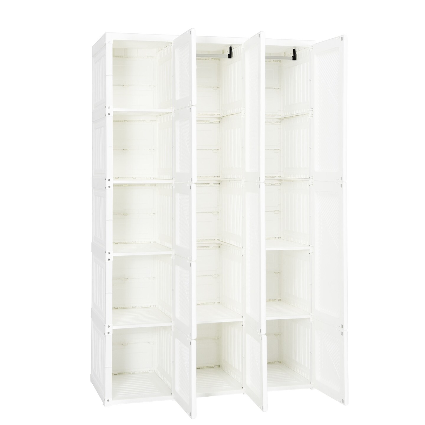 White ABS Foldable Armoire Wardrobe Closet with 2 Retractable Rods and 10 Cubes